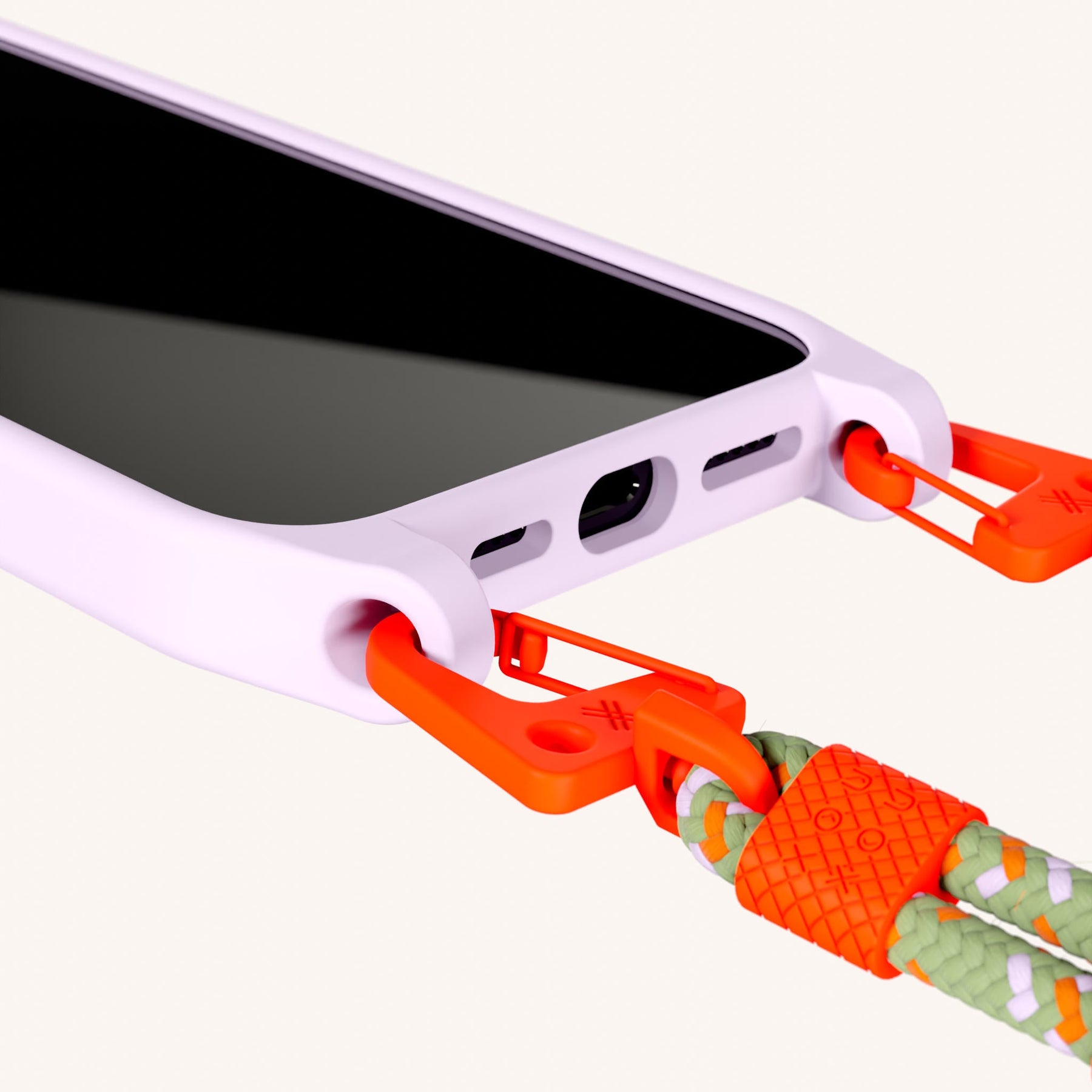 Phone Necklace with Carabiner Rope in Lilac + Orange Camouflage