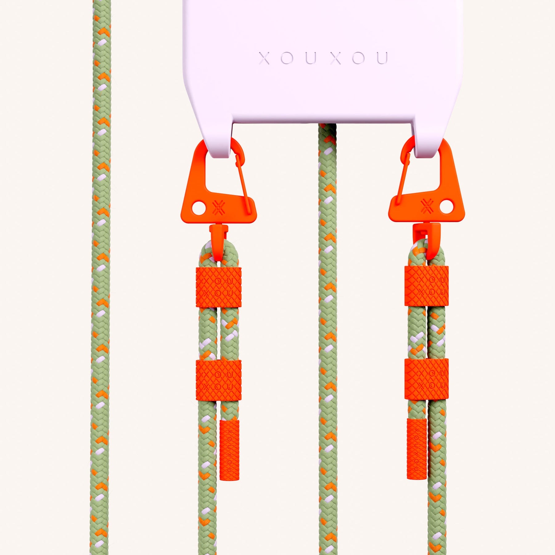 Phone Necklace with Carabiner Rope in Lilac + Orange Camouflage