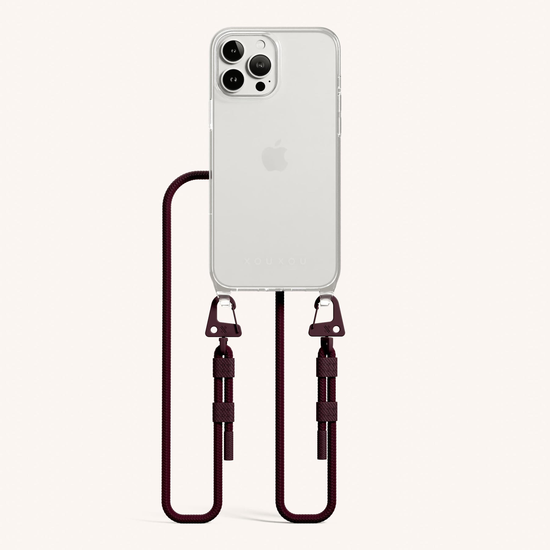 Handykette mit Karabinerband in Transparent + Weinrot