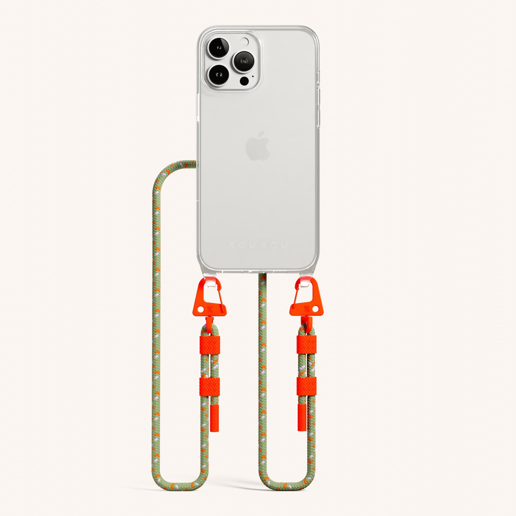 Handykette mit Karabinerband in Transparent + Orange Kamouflage
