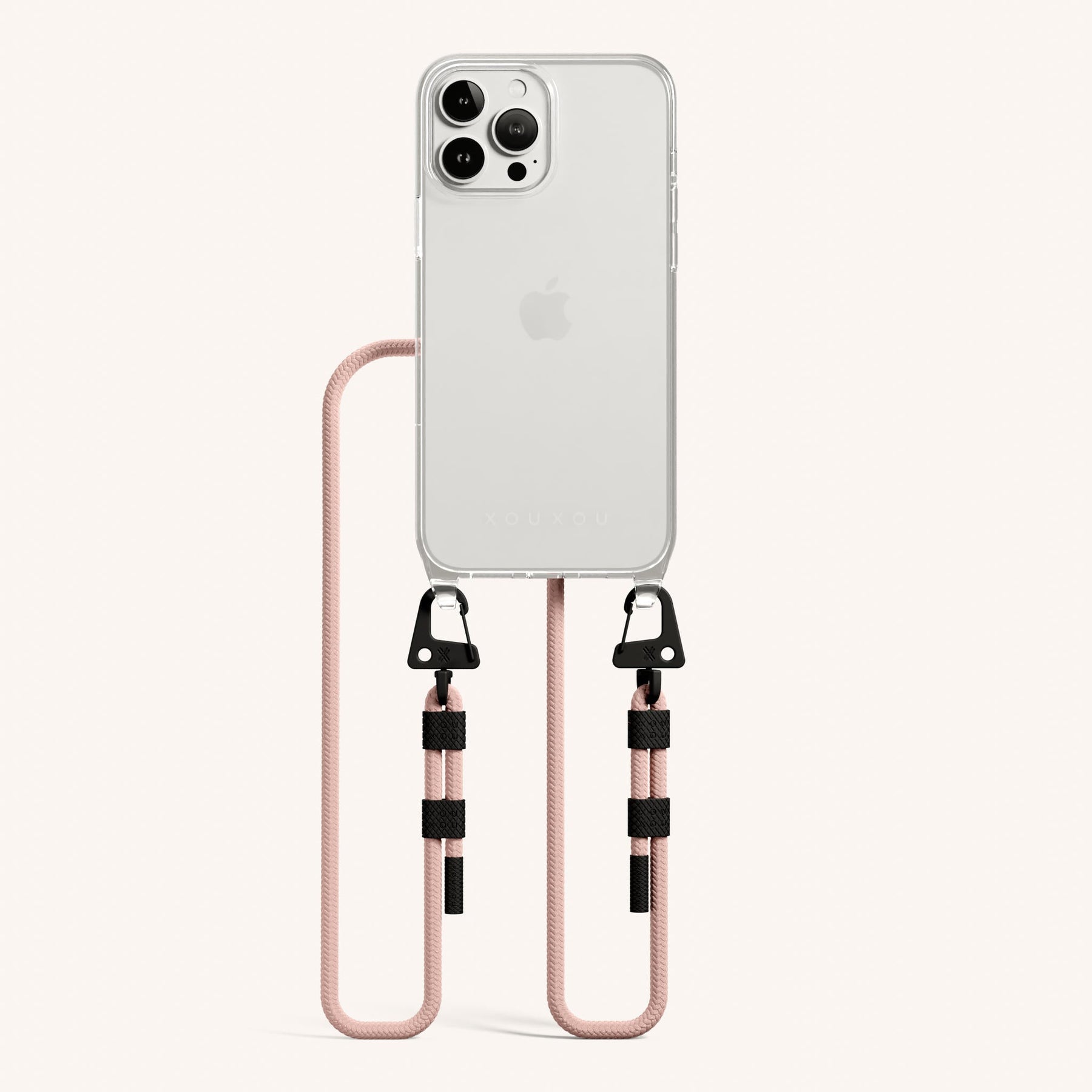 Phone Necklace with Carabiner Rope in Clear + Powder Pink