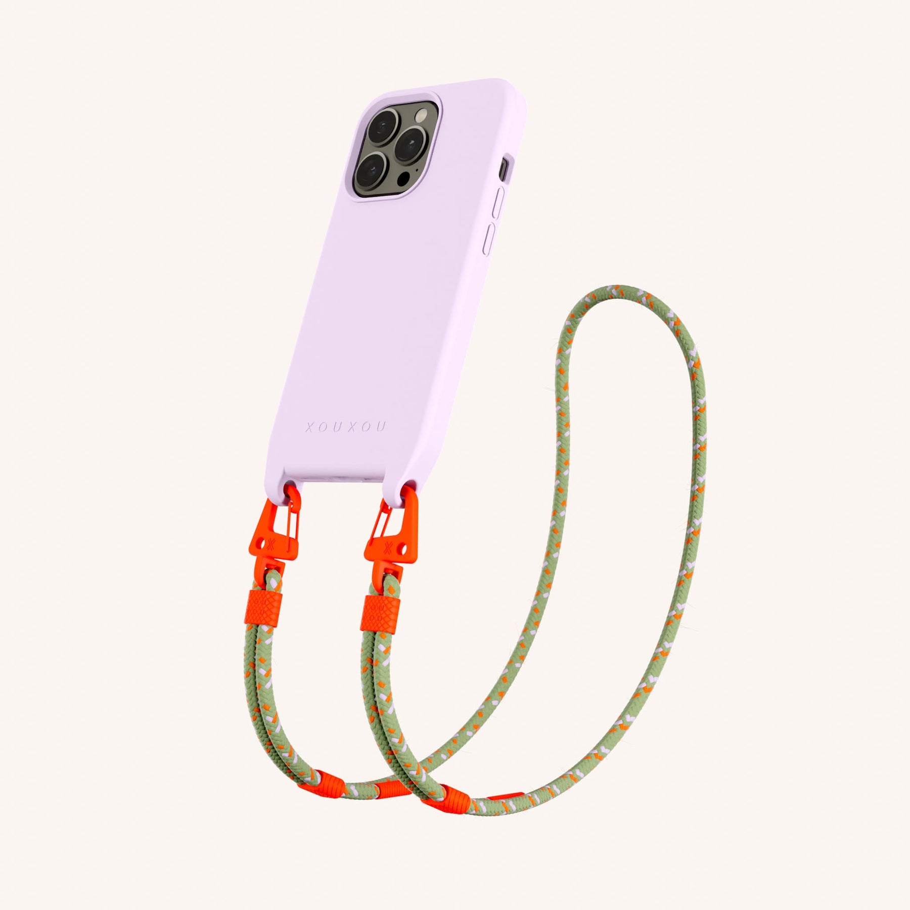 Phone Necklace with Carabiner Rope in Lilac + Orange Camouflage