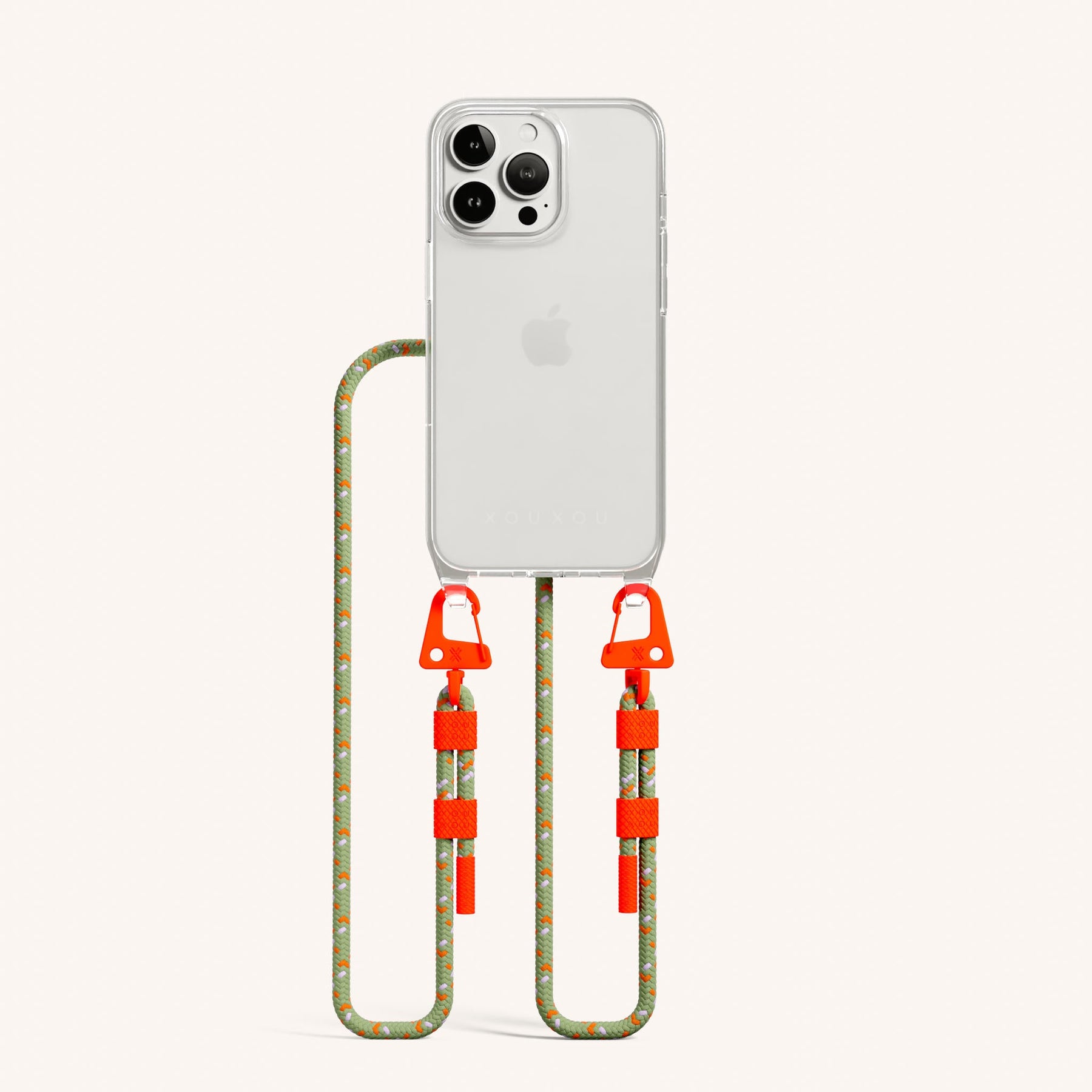 Handykette mit Karabinerband in Transparent + Orange Kamouflage