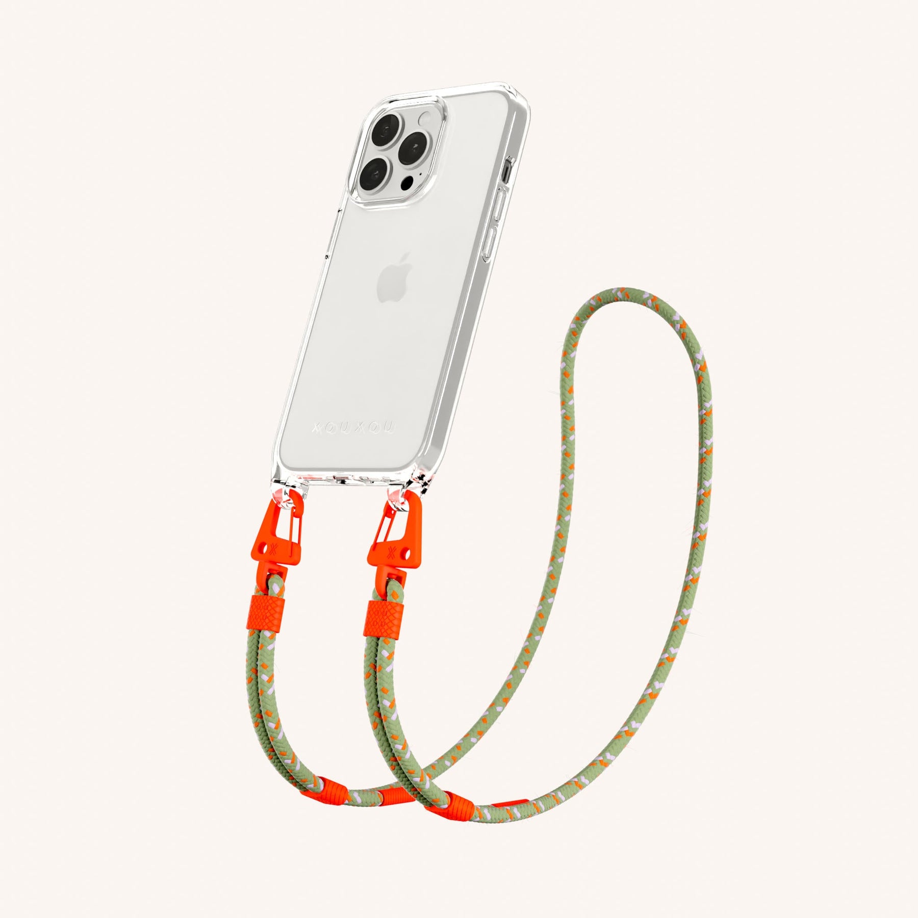 Handykette mit Karabinerband in Transparent + Orange Kamouflage