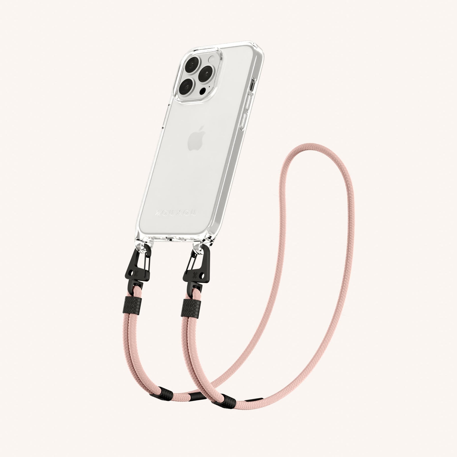 Phone Necklace with Carabiner Rope in Clear + Powder Pink