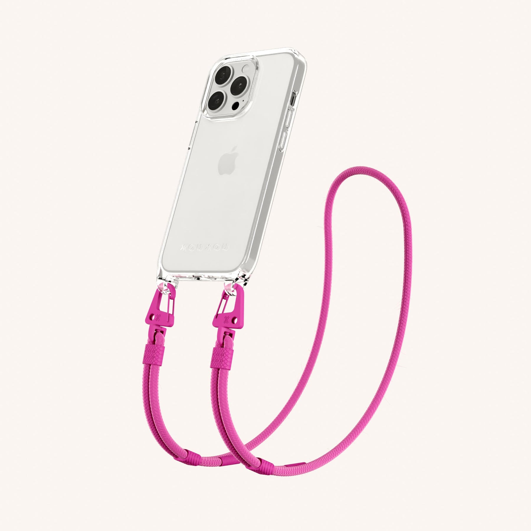 Phone Necklace with Carabiner Rope in Clear + Power Pink