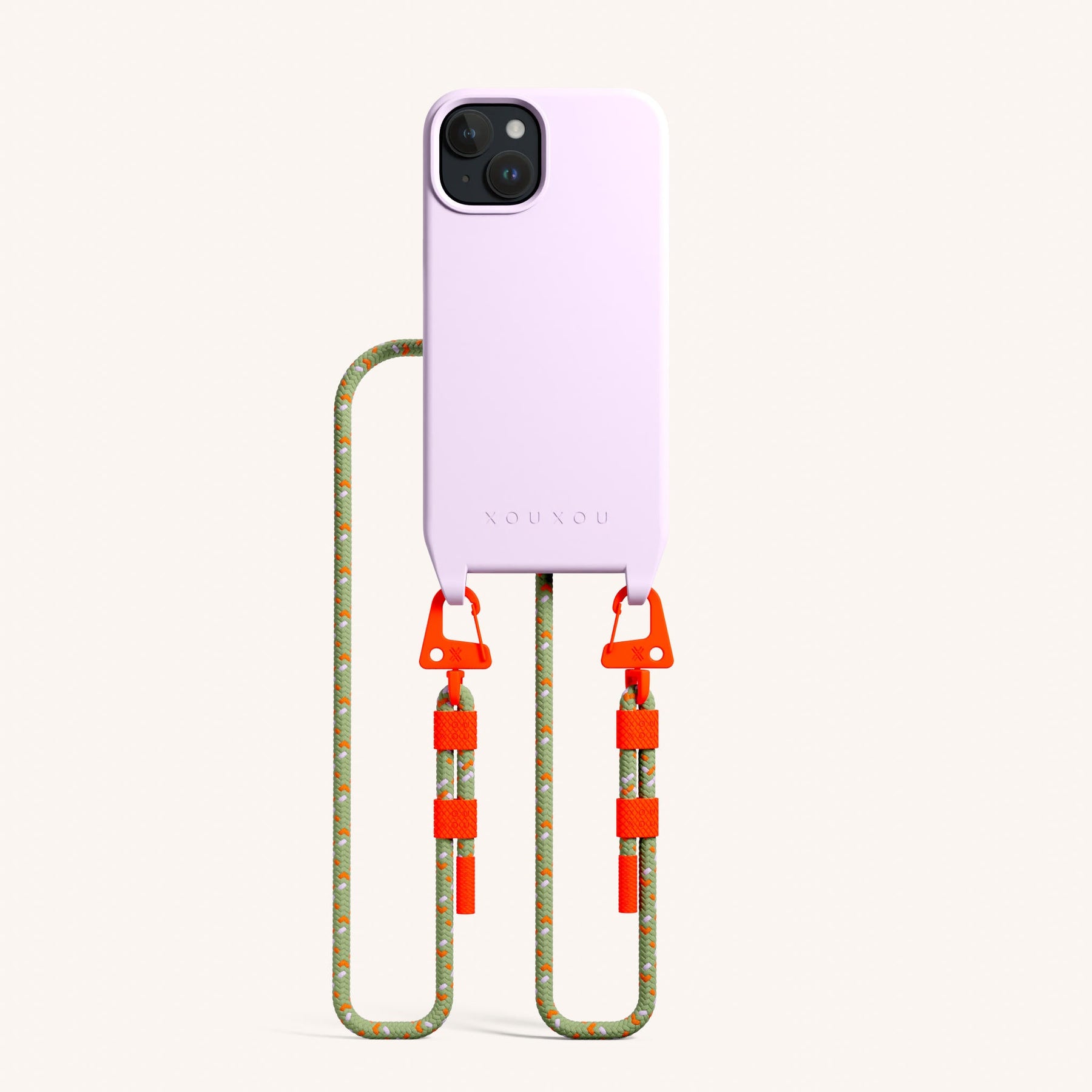 Phone Necklace with Carabiner Rope in Lilac + Orange Camouflage