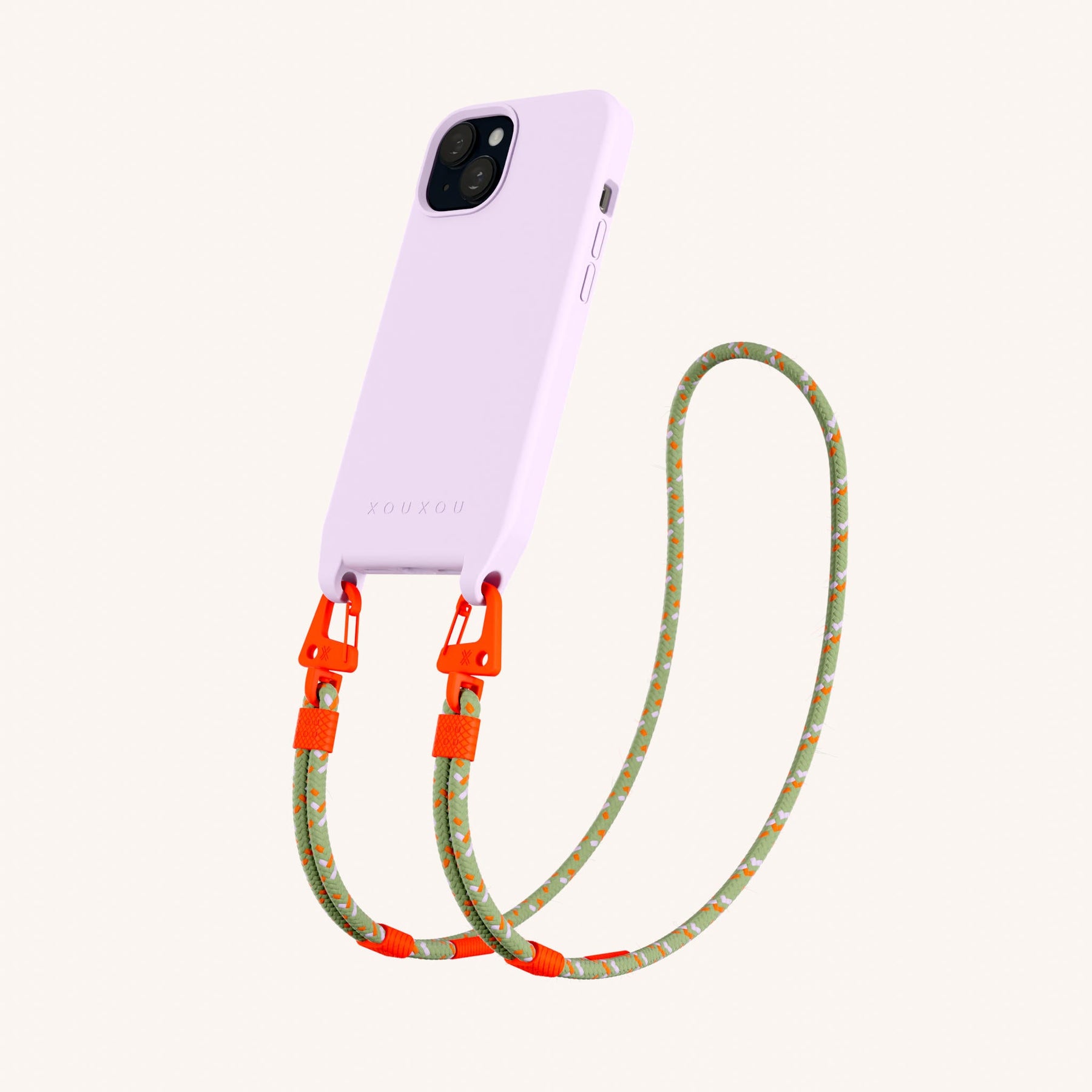 Phone Necklace with Carabiner Rope in Lilac + Orange Camouflage