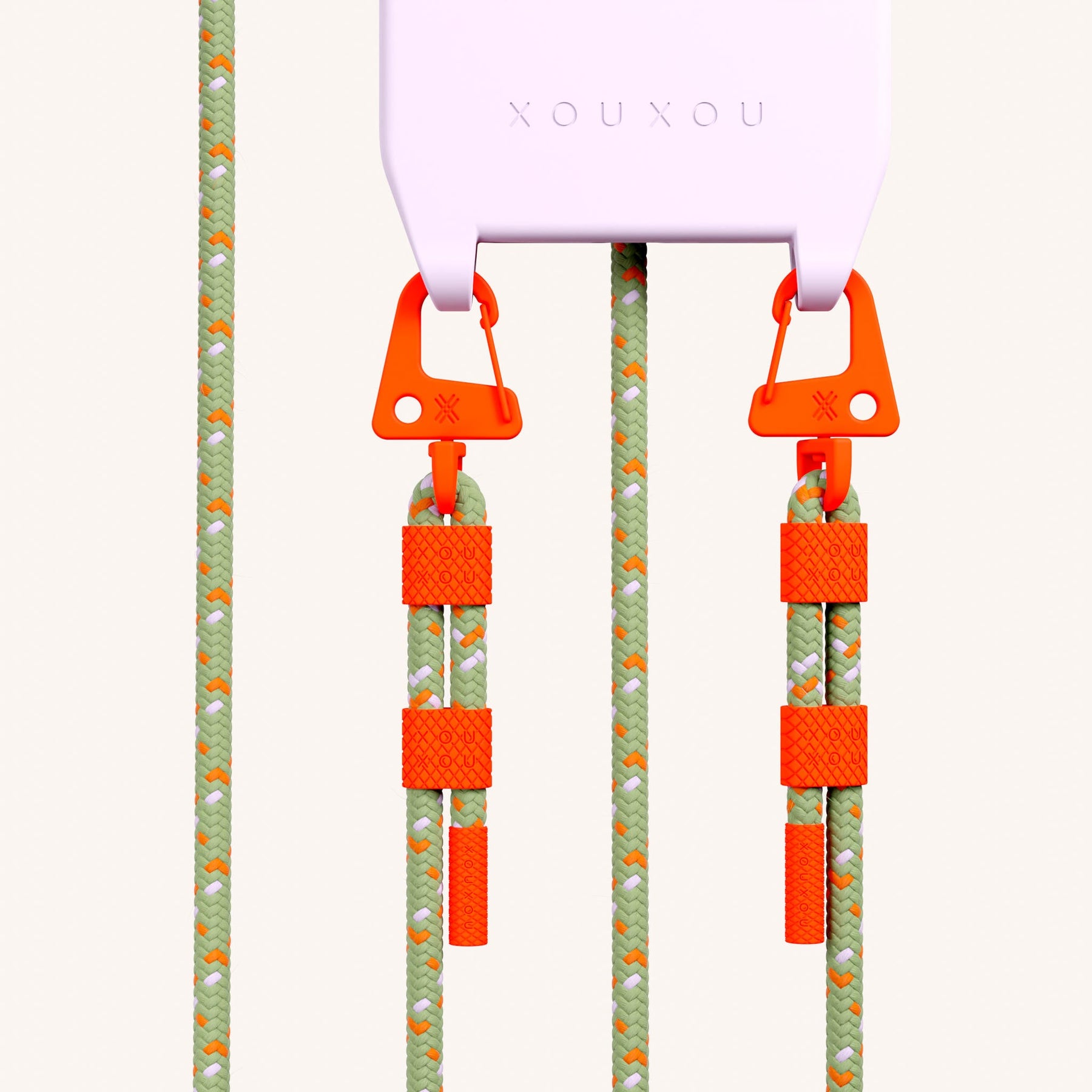 Phone Necklace with Carabiner Rope in Lilac + Orange Camouflage