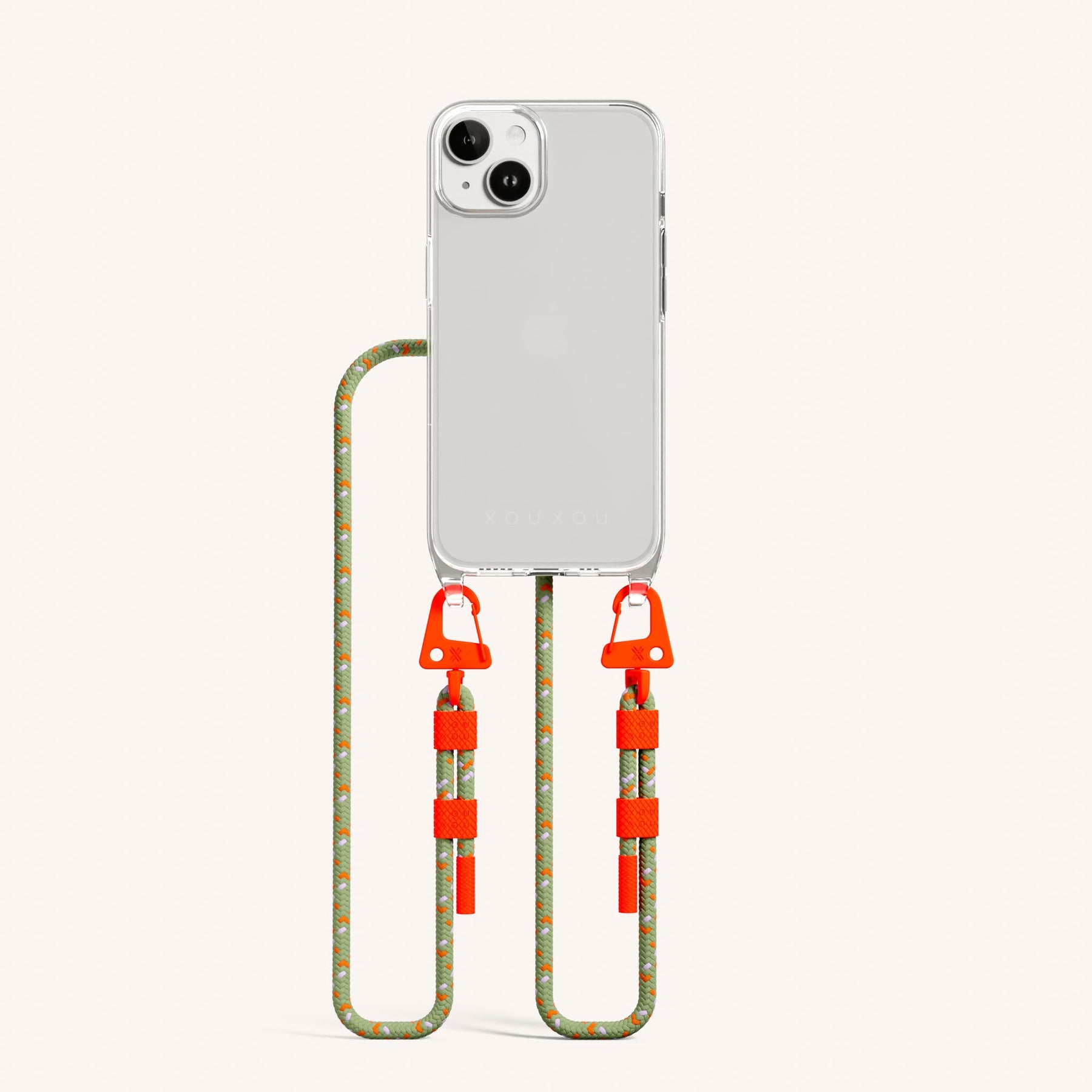 Handykette mit Karabinerband in Transparent + Orange Kamouflage