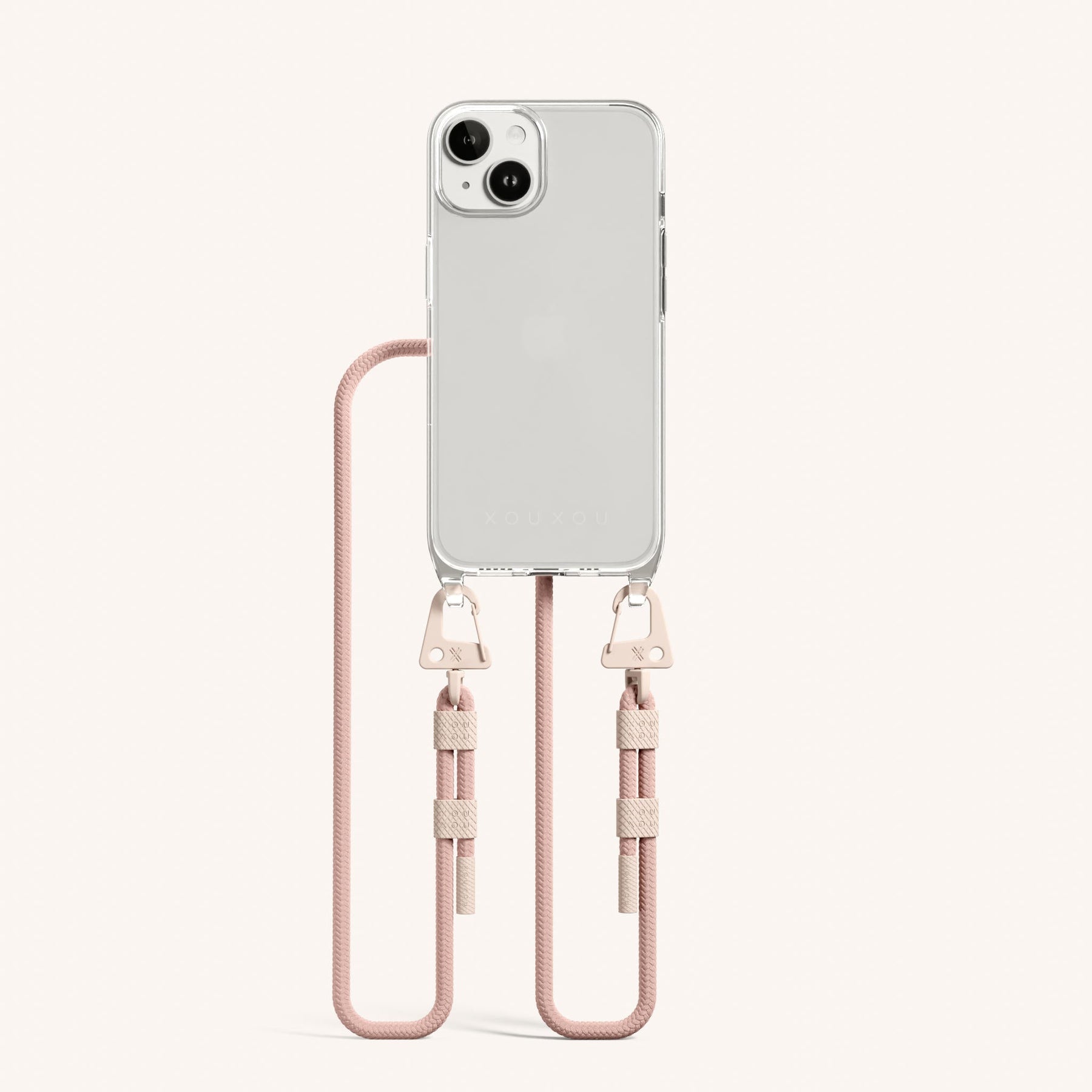 Phone Necklace with Carabiner Rope in Clear + Powder Pink
