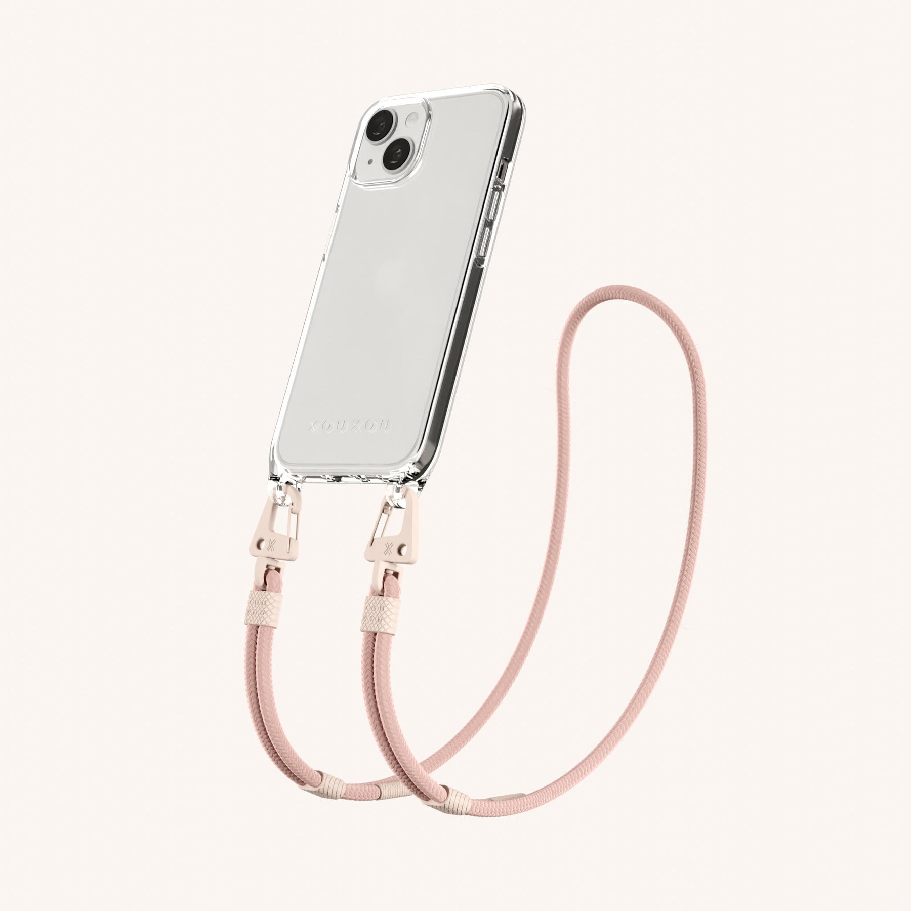 Phone Necklace with Carabiner Rope in Clear + Powder Pink