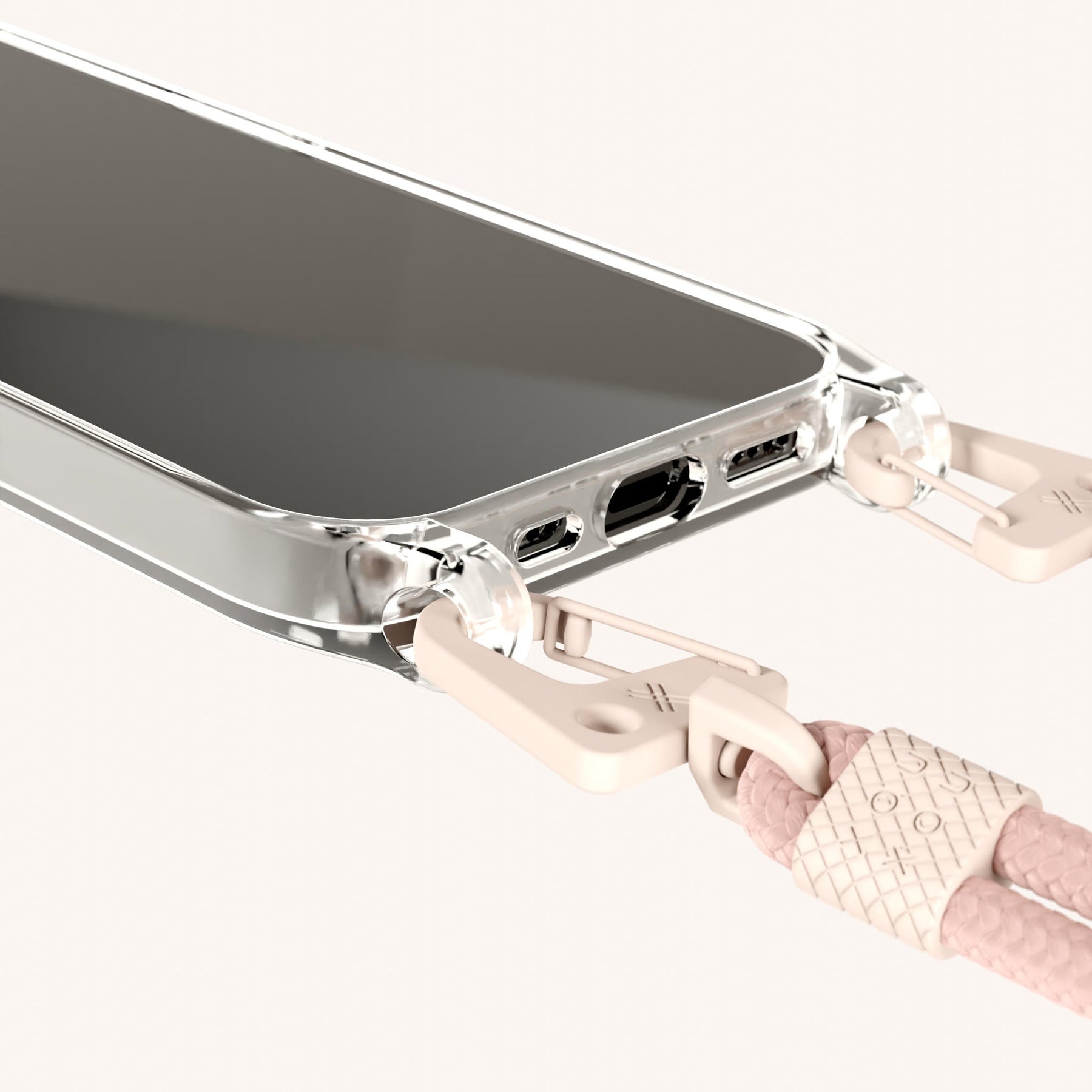 Phone Necklace with Carabiner Rope in Clear + Powder Pink