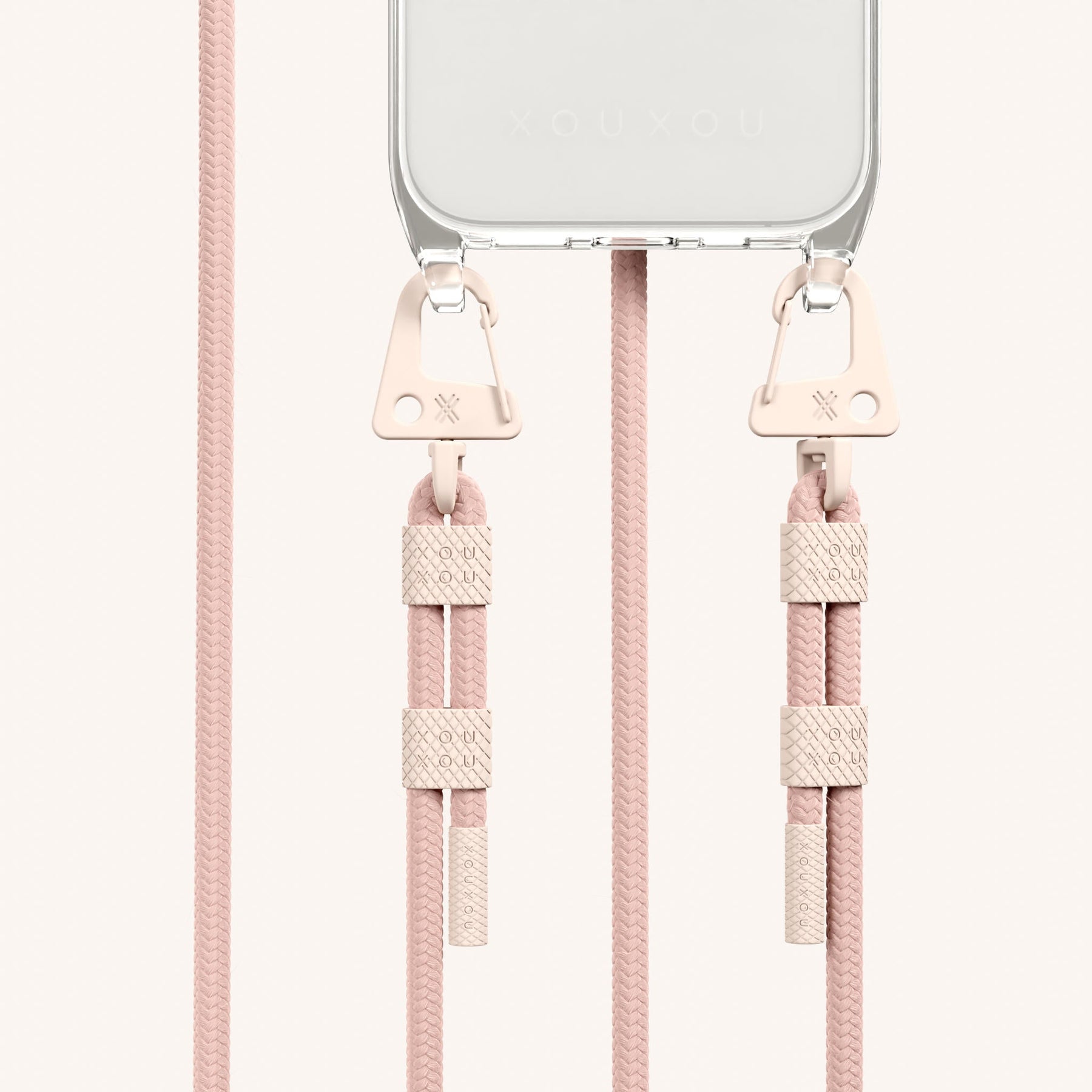 Phone Necklace with Carabiner Rope in Clear + Powder Pink