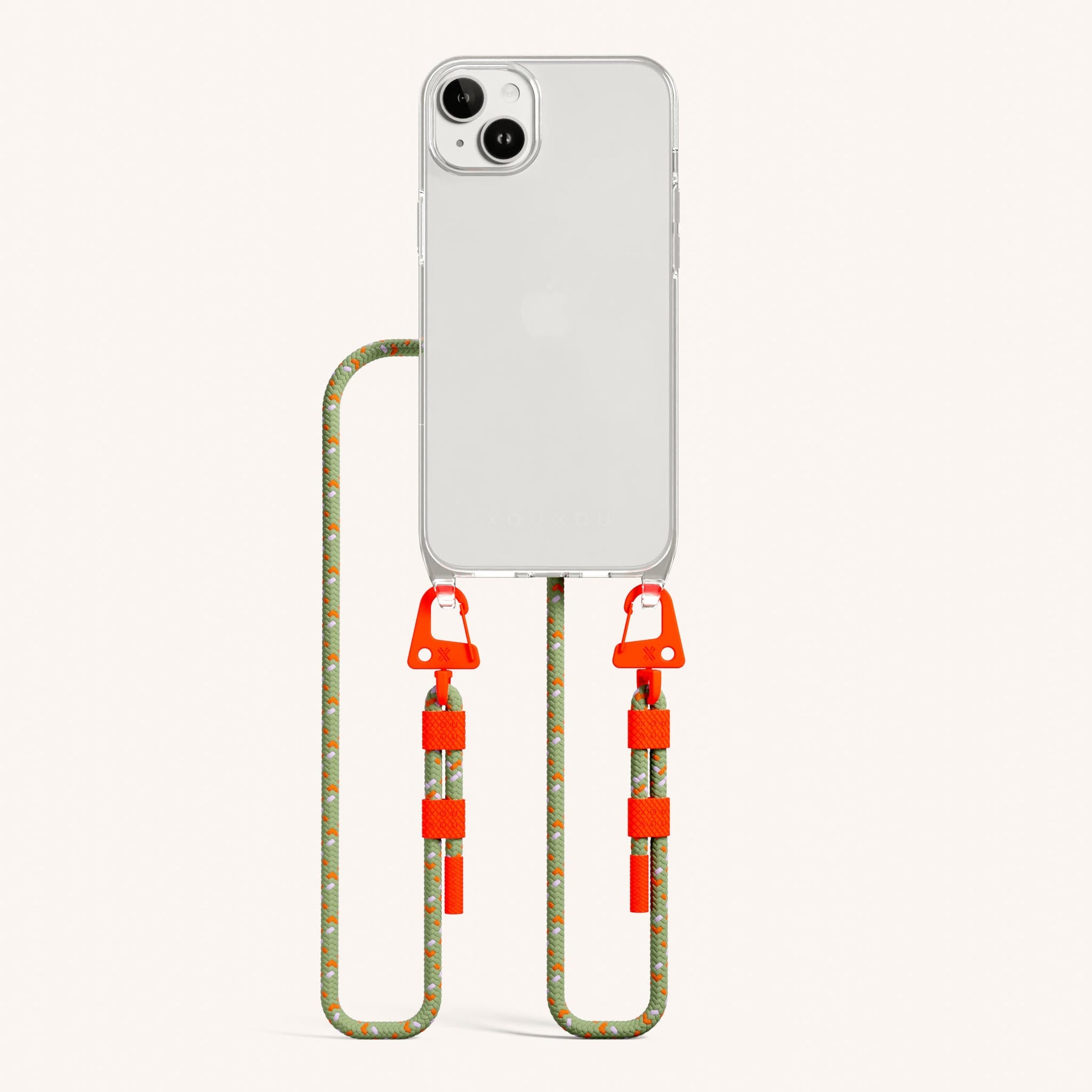 Handykette mit Karabinerband in Transparent + Orange Kamouflage