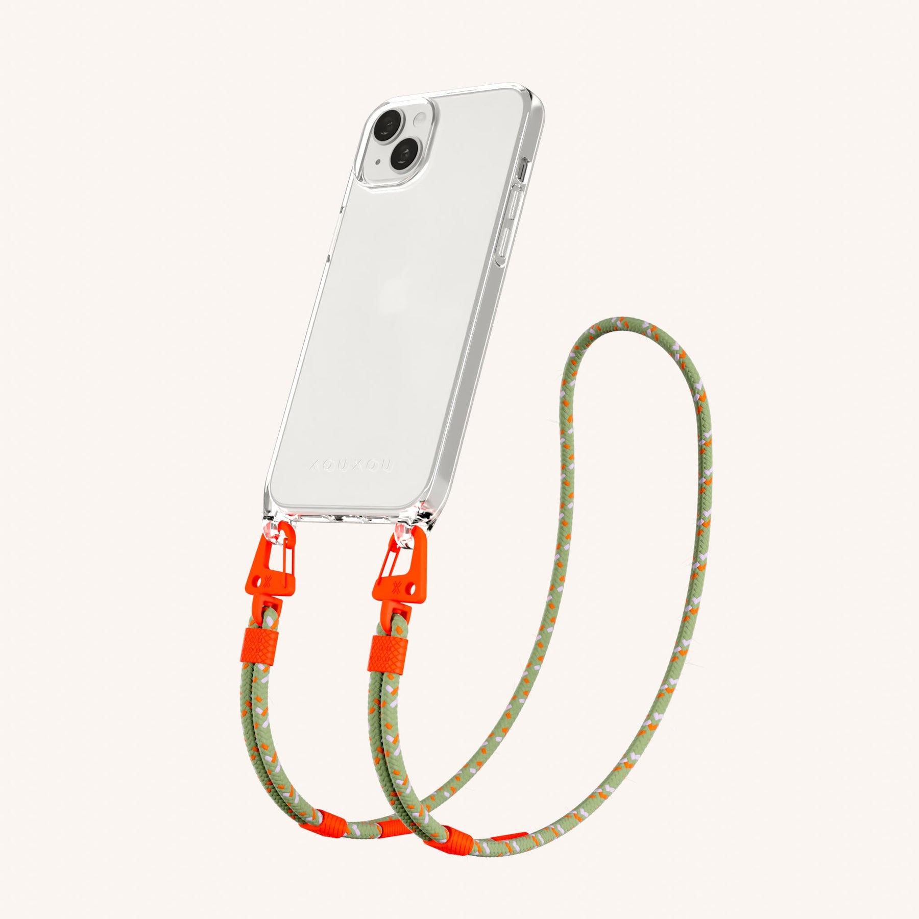Handykette mit Karabinerband in Transparent + Orange Kamouflage