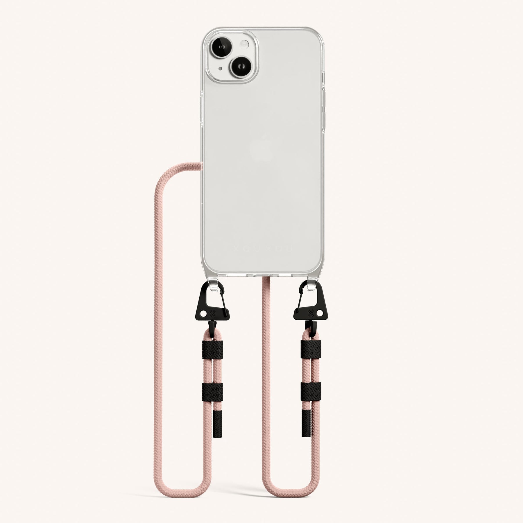 Phone Necklace with Carabiner Rope in Clear + Powder Pink
