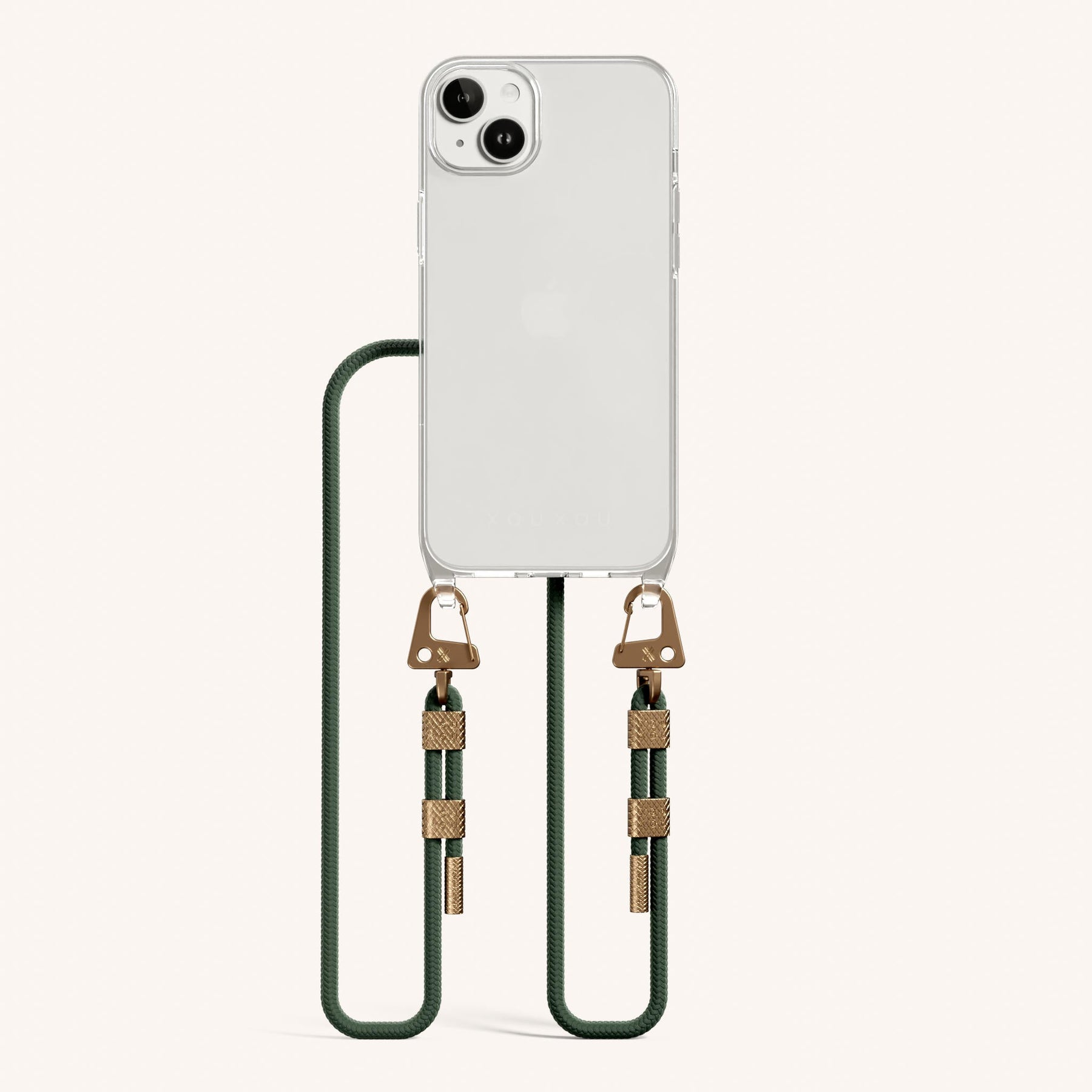 Phone Necklace with Carabiner Rope in Clear + Sage