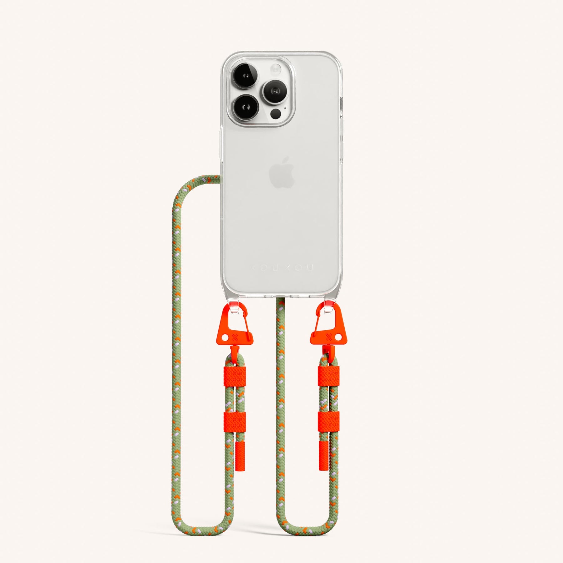 Phone Necklace with Carabiner Rope in Clear + Orange Camouflage