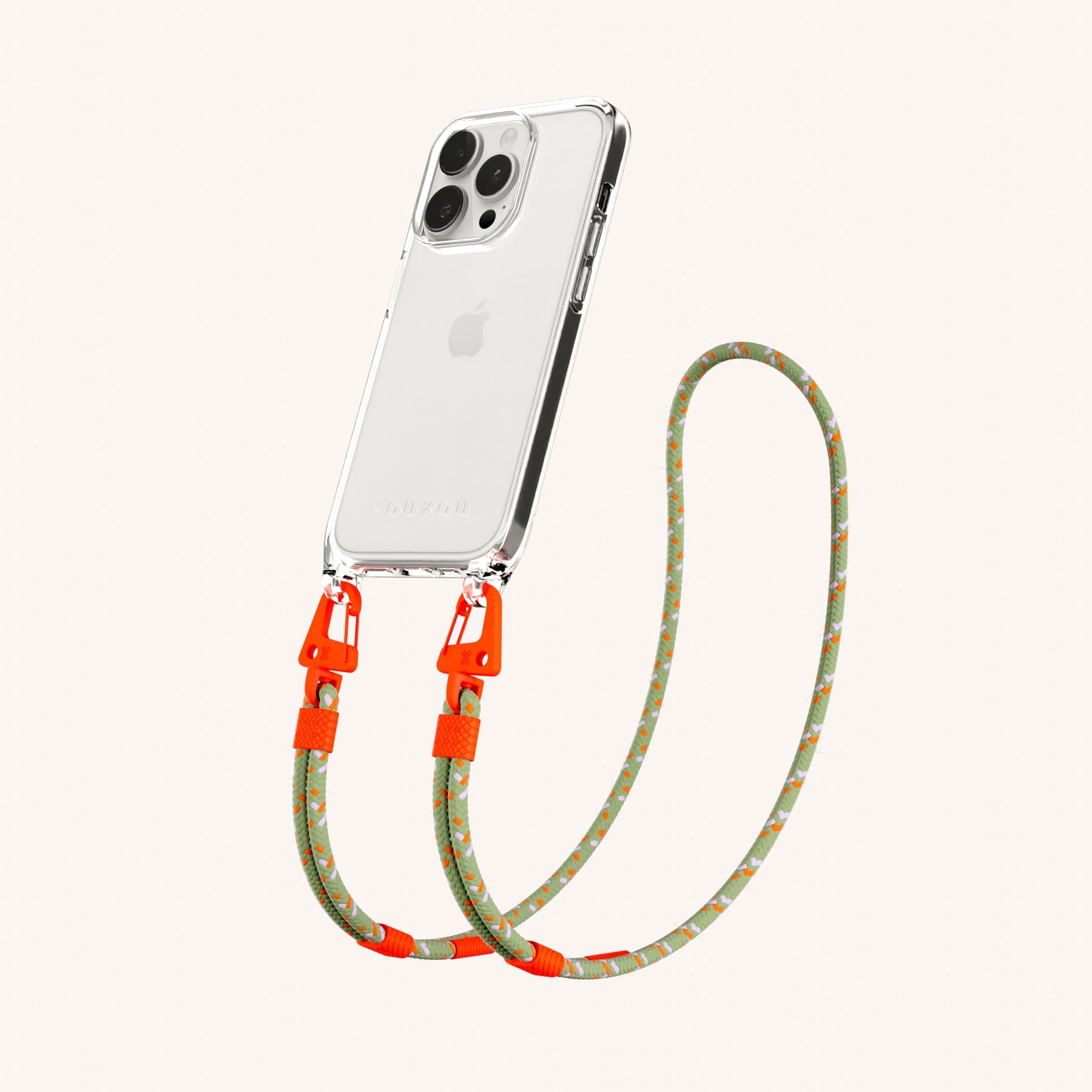 Phone Necklace with Carabiner Rope in Clear + Orange Camouflage