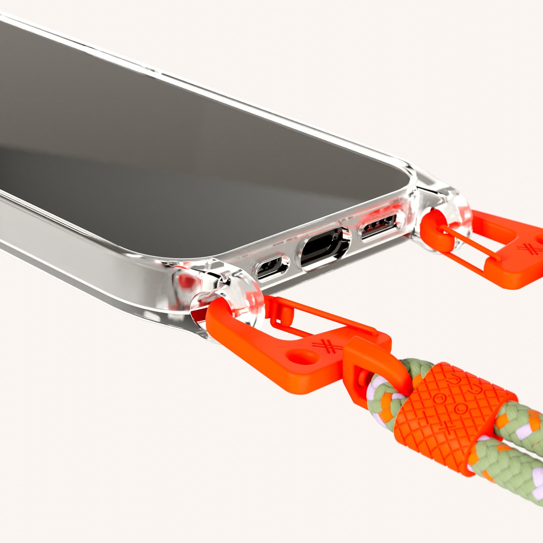 Handykette mit Karabinerband in Transparent + Orange Kamouflage