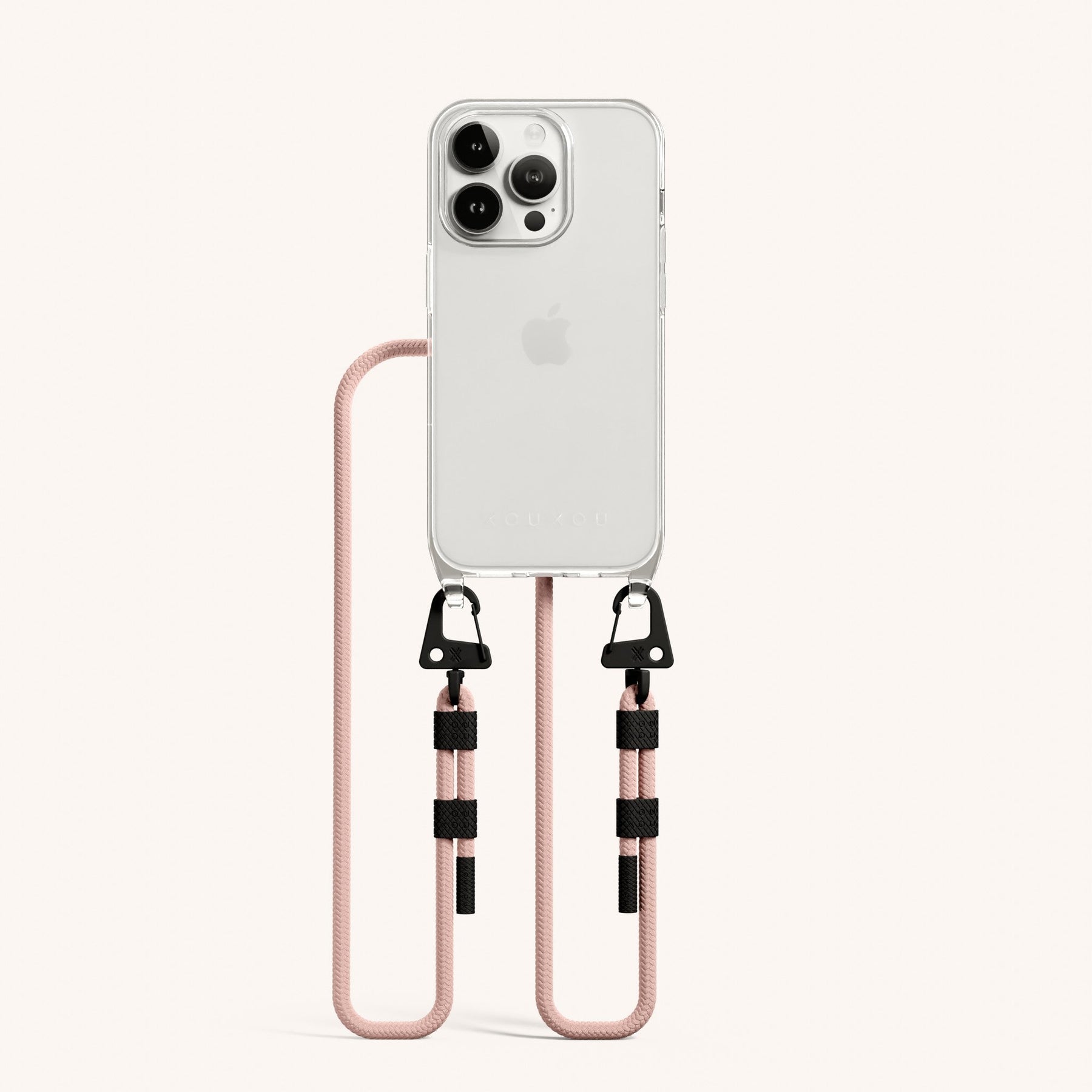 Phone Necklace with Carabiner Rope in Clear + Powder Pink