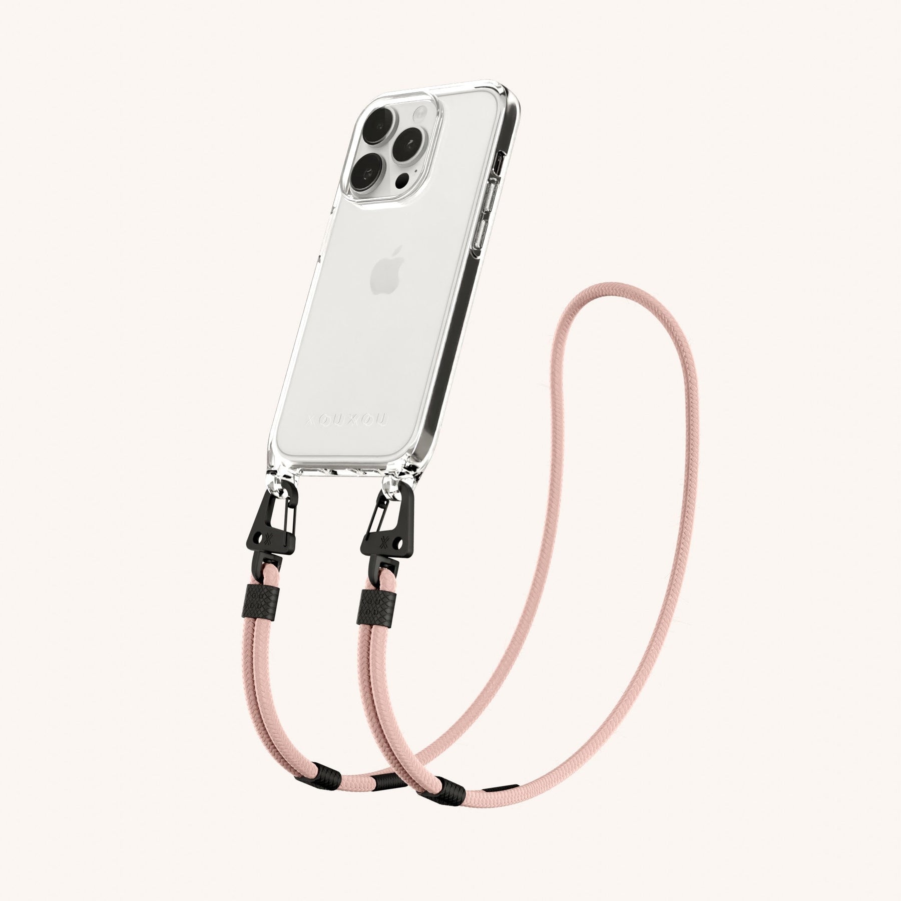 Phone Necklace with Carabiner Rope in Clear + Powder Pink