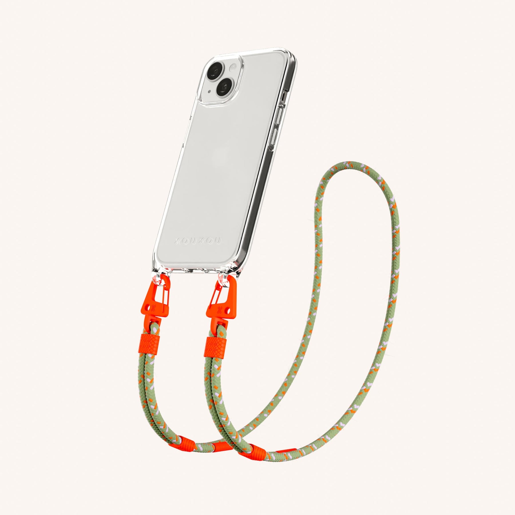Handykette mit Karabinerband in Transparent + Orange Kamouflage