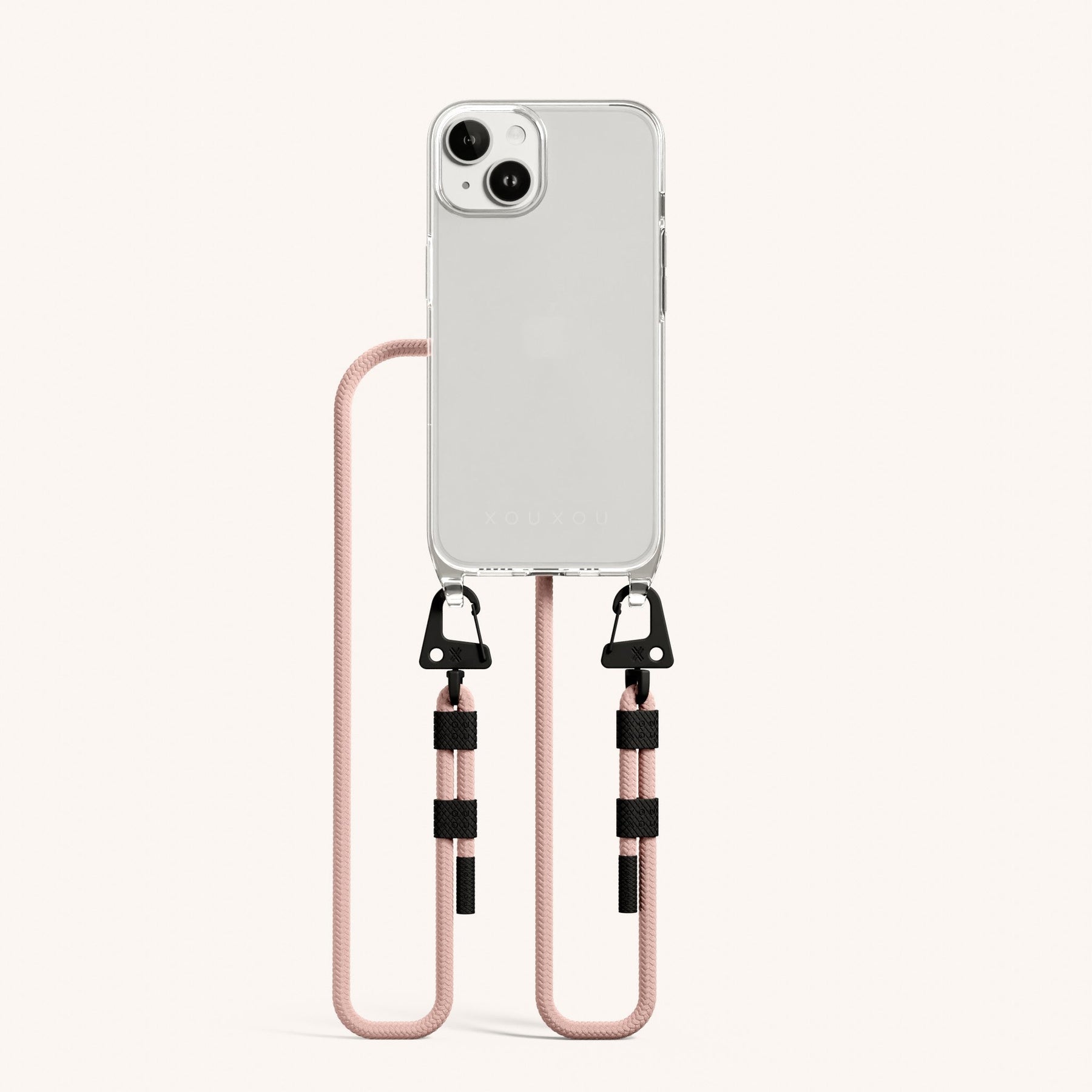 Phone Necklace with Carabiner Rope in Clear + Powder Pink