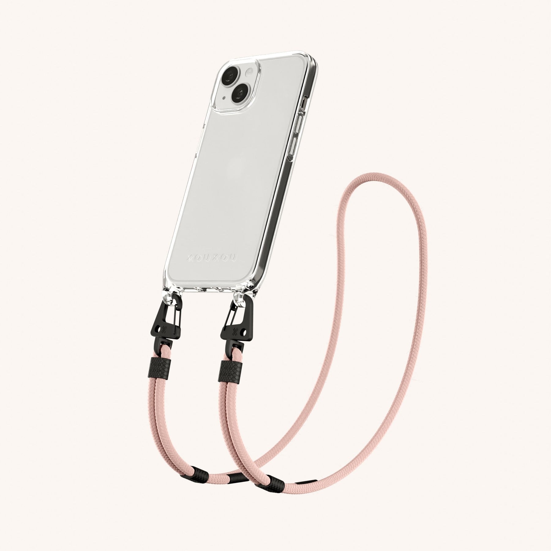 Phone Necklace with Carabiner Rope in Clear + Powder Pink