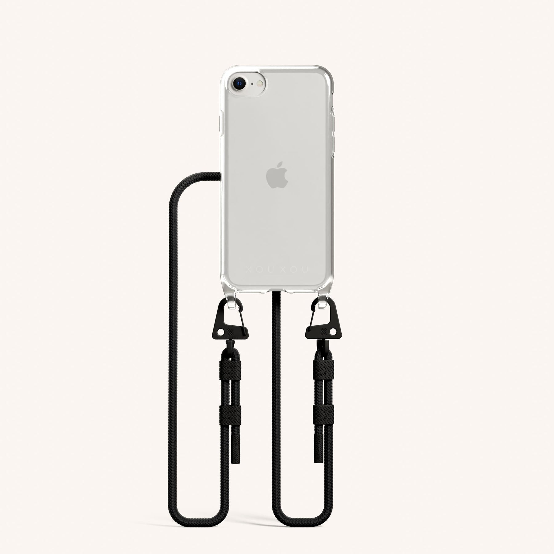 Phone Necklace with Carabiner Rope in Clear + Black