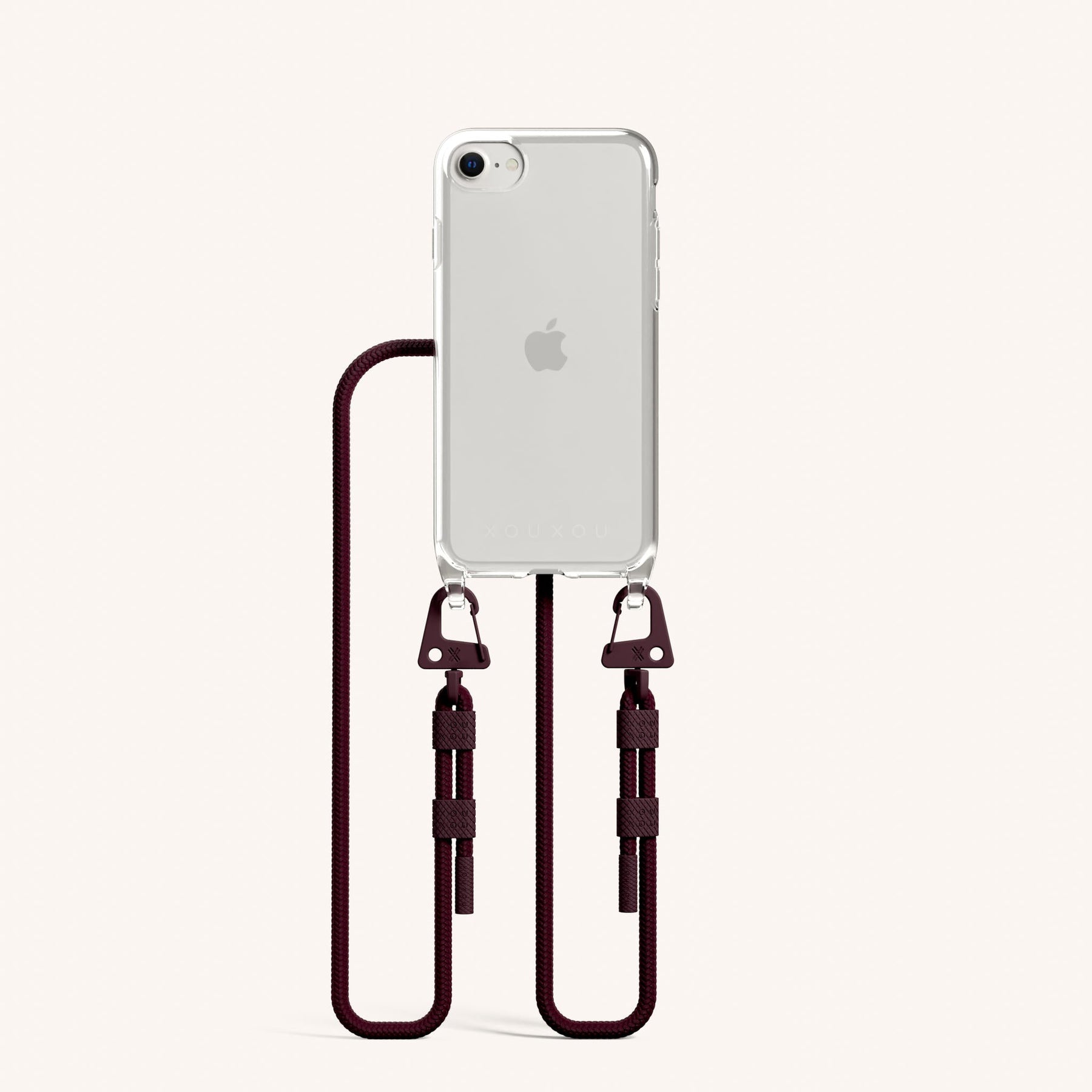 Phone Necklace with Carabiner Rope in Clear + Burgundy