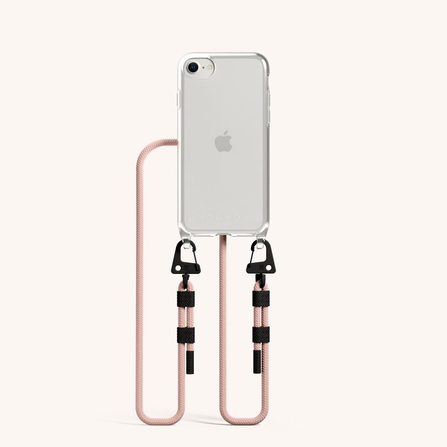 Phone Necklace with Carabiner Rope in Clear + Powder Pink