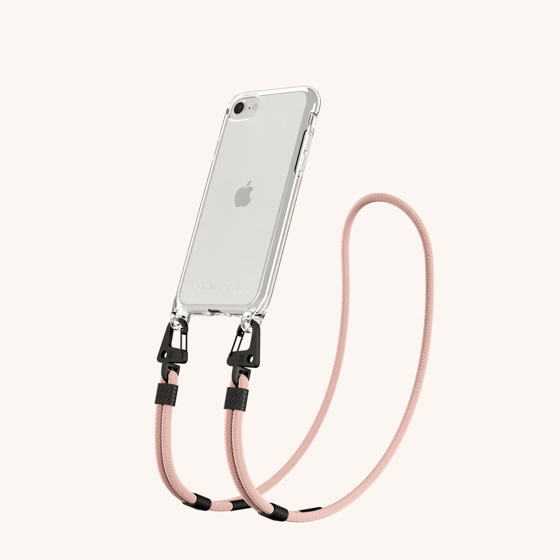 Phone Necklace with Carabiner Rope in Clear + Powder Pink