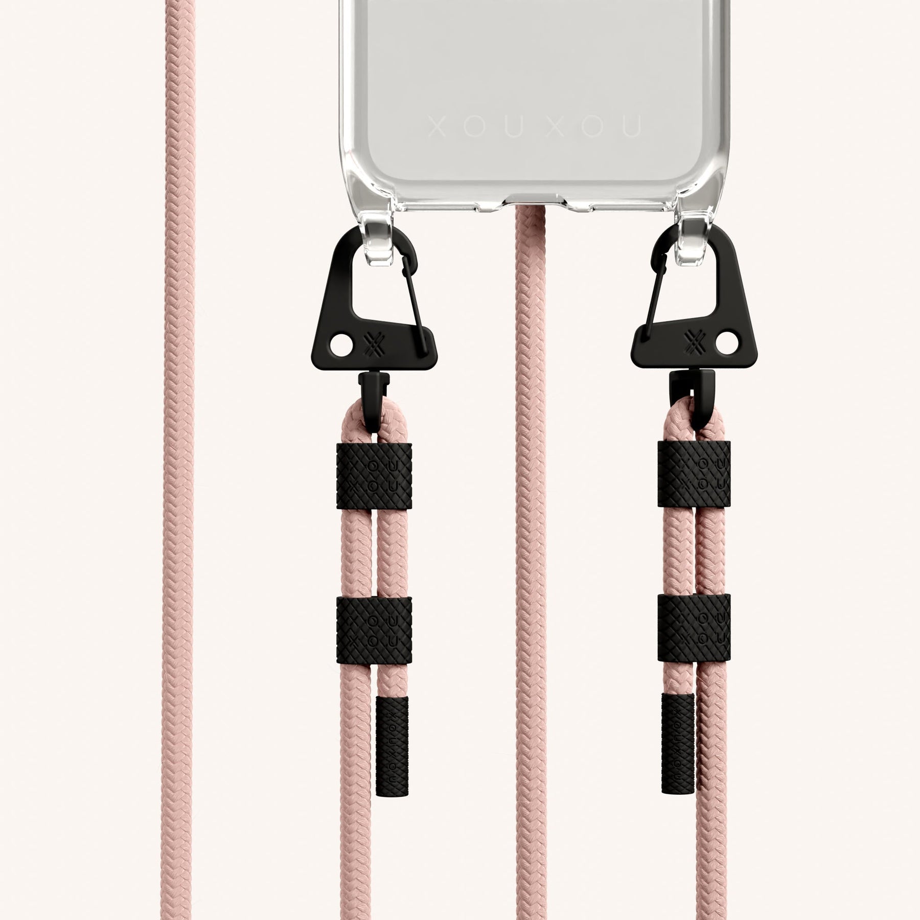 Phone Necklace with Carabiner Rope in Clear + Powder Pink