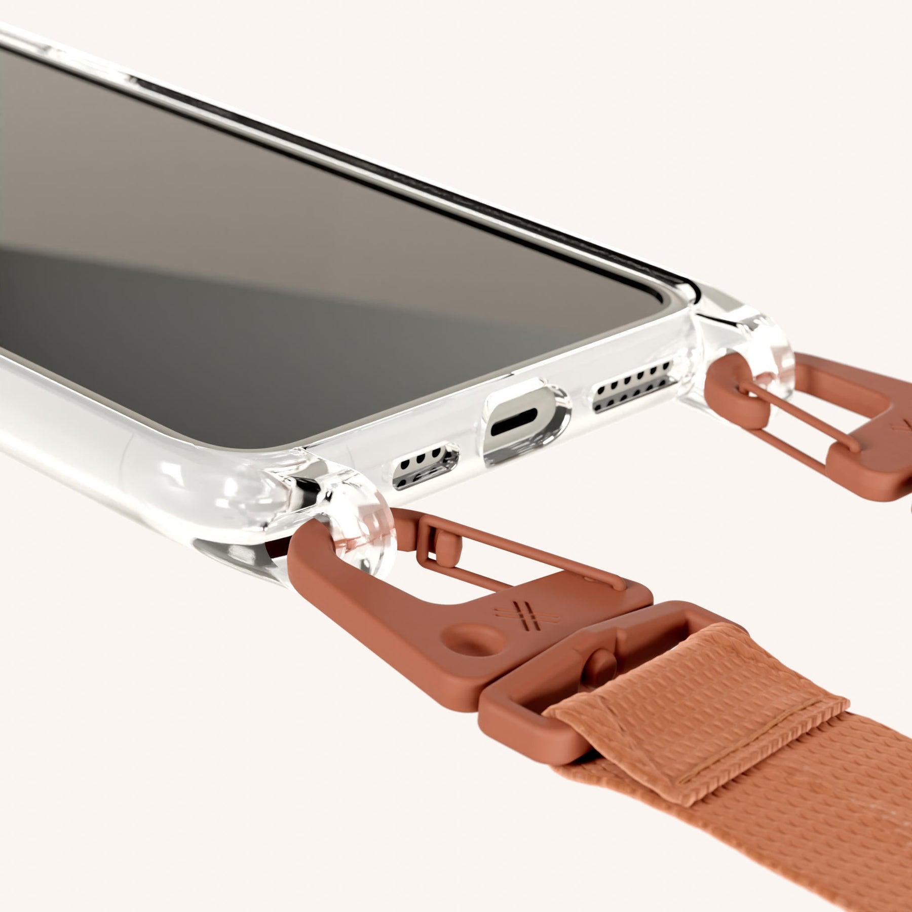 Handykette mit Gurt in Transparent + Rostrot