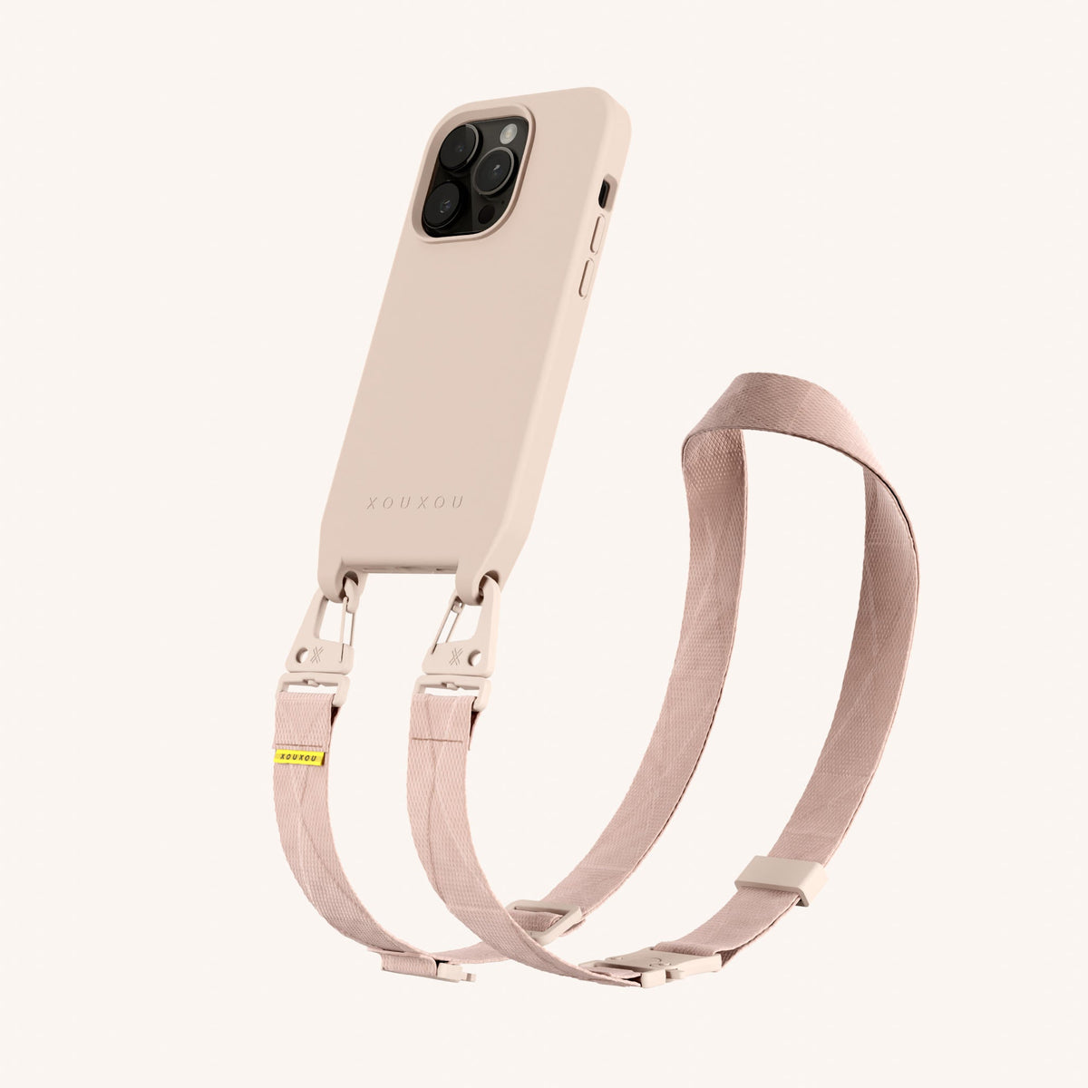 Phone Necklace with Lanyard for iPhone 14 Pro without MagSafe in Powder Pink Perspective View | XOUXOU #phone model_iphone 14 pro
