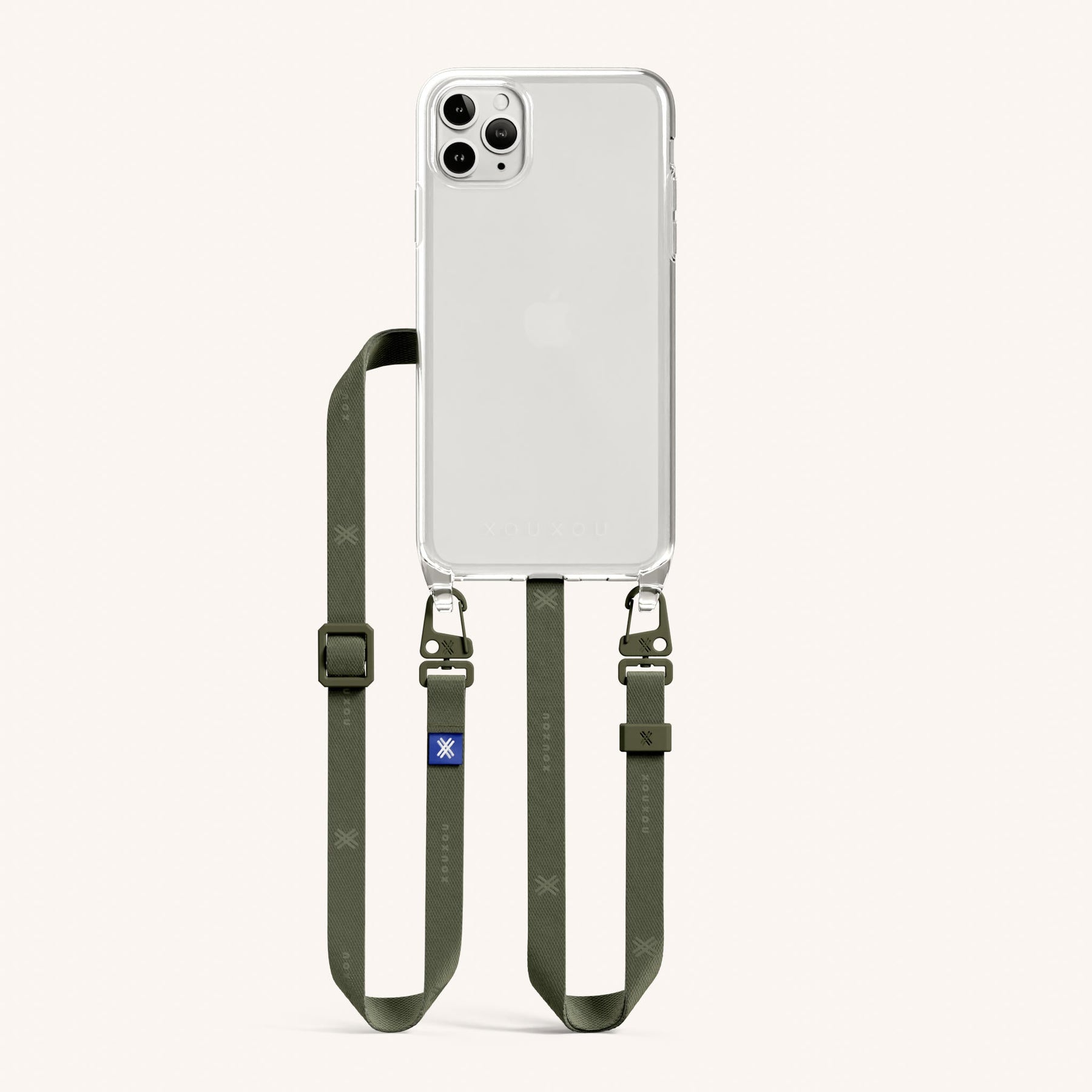 Handykette mit schmalem Gurt in Transparent + Moos