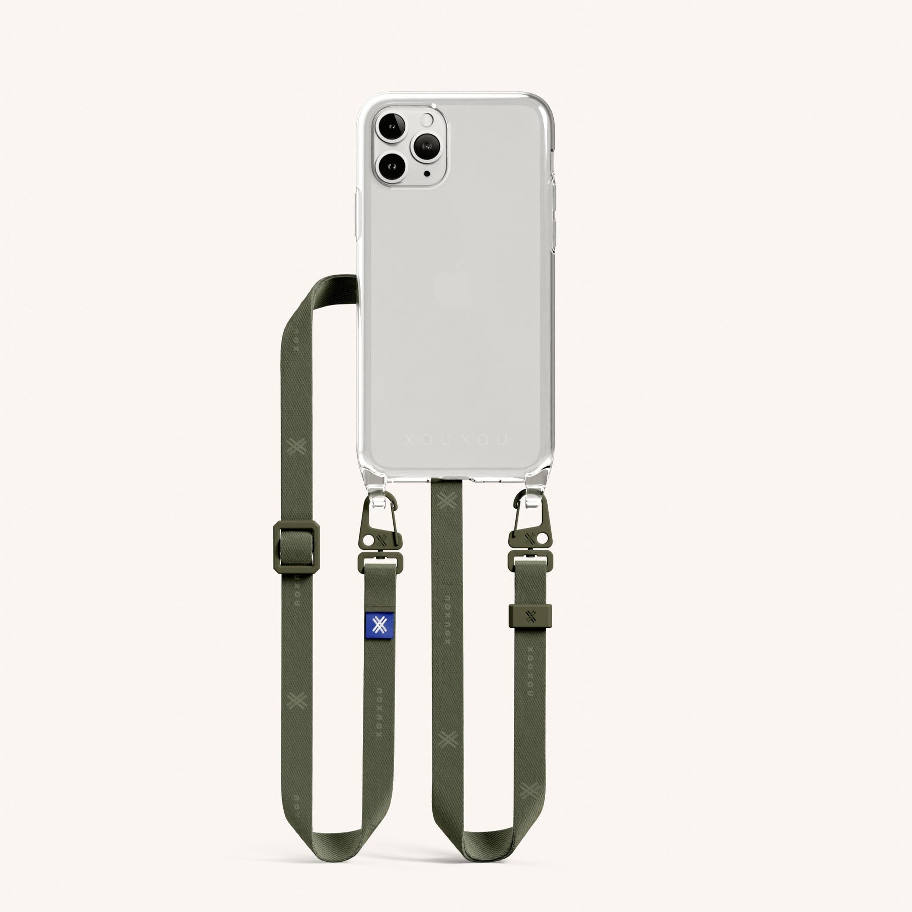 Handykette mit schmalem Gurt in Transparent + Moos