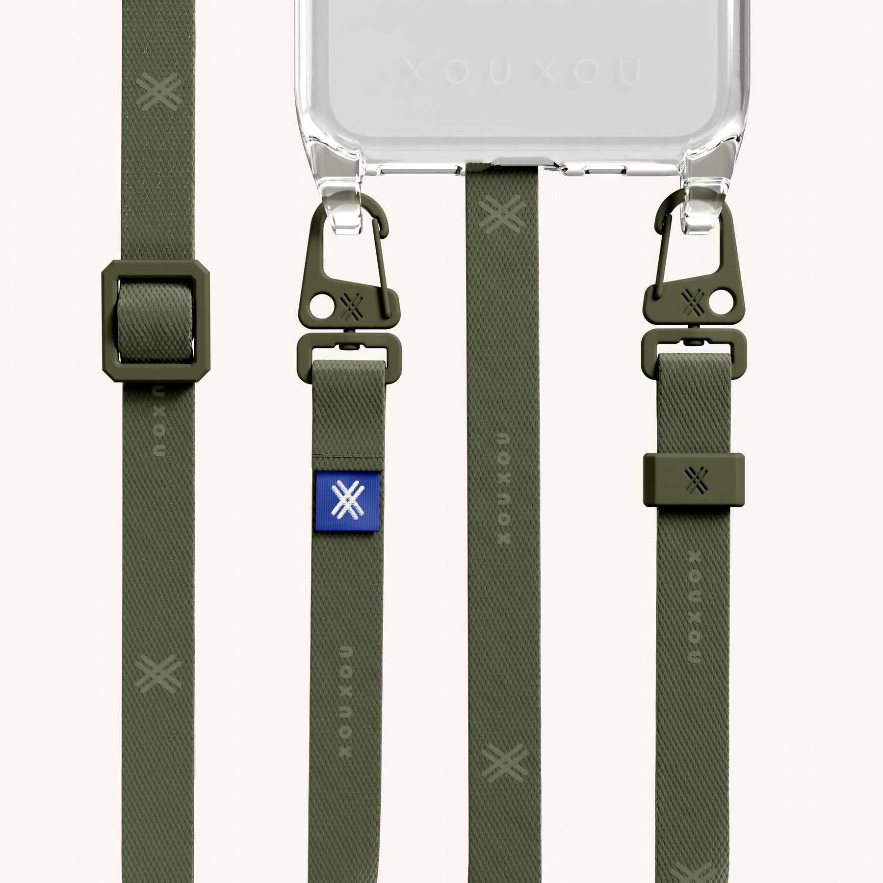Handykette mit schmalem Gurt in Transparent + Moos