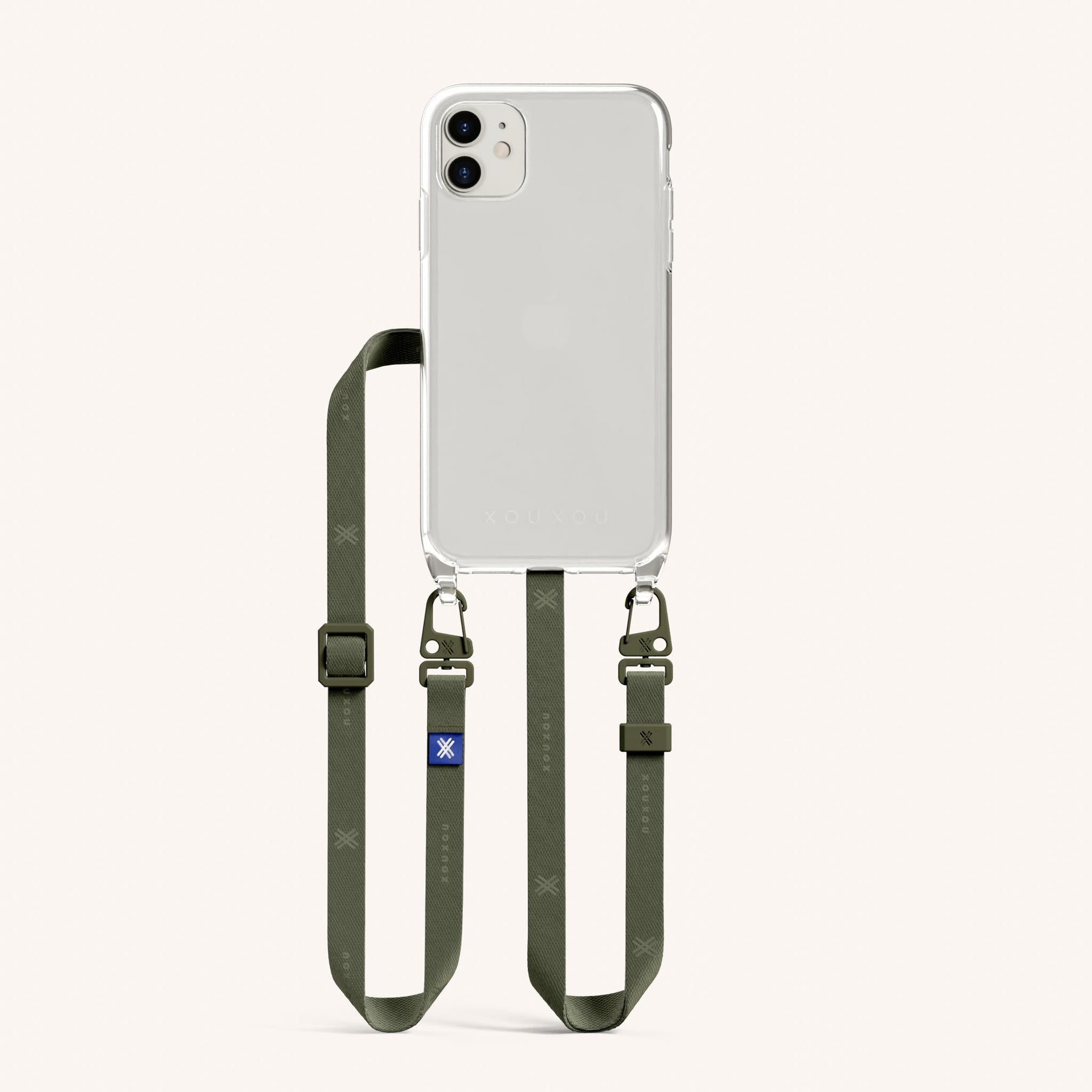 Handykette mit schmalem Gurt in Transparent + Moos