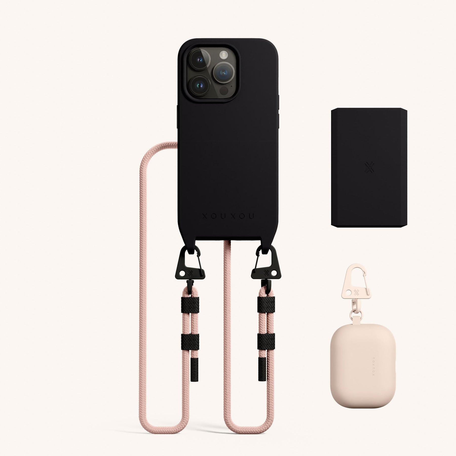 Phone Necklace with Carabiner Rope in Black + Powder Pink & AirPods Case & Wallet (Bundle)