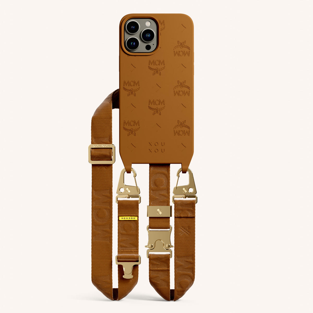 MCM x XOUXOU Phone Necklace for iPhone 13 Pro Max with MagSafe in Cognac Total View | XOUXOU #phone model_iphone 13 pro max