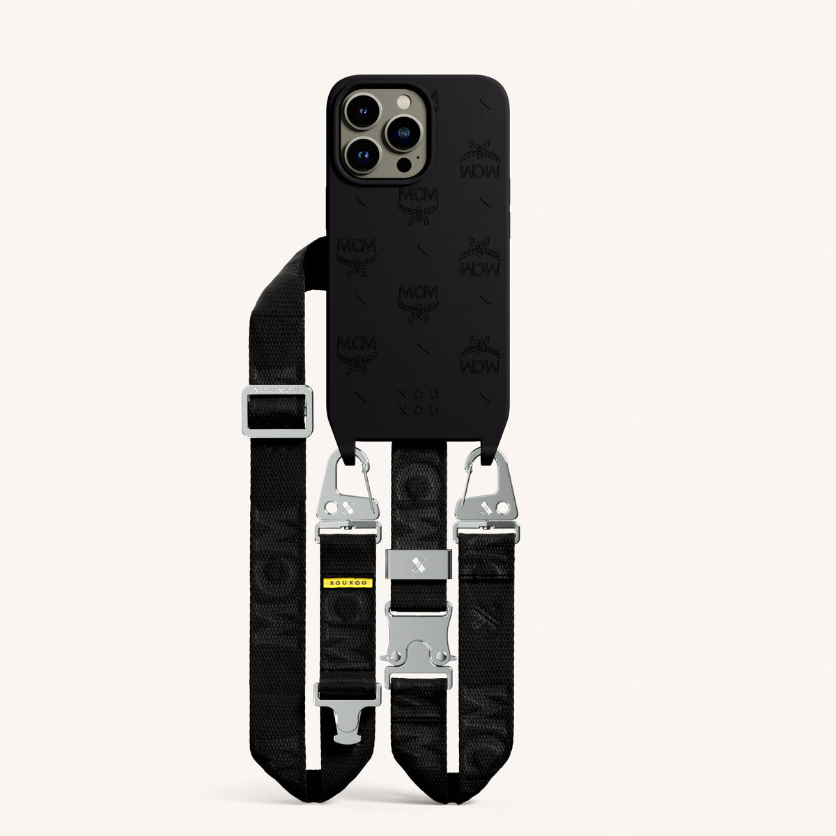 MCM x XOUXOU Phone Necklace for iPhone 13 Pro with MagSafe in Black Total View | XOUXOU #phone model_iphone 13 pro