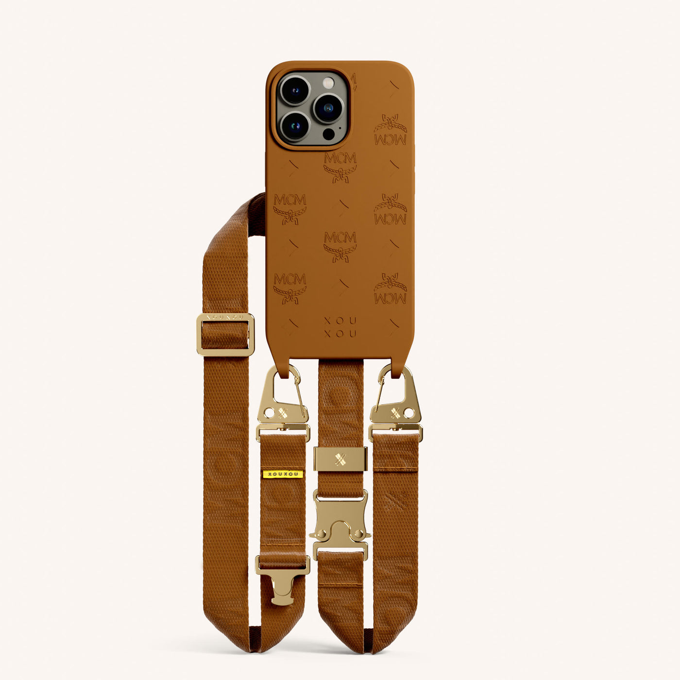 MCM x XOUXOU Phone Necklace for iPhone 13 Pro with MagSafe in Cognac Total View | XOUXOU #phone model_iphone 13 pro