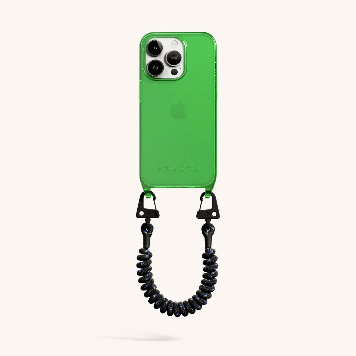 Phone Case with Spiral Rope for iPhone 14 Pro without MagSafe in Neon Green Clear + Black Total View | XOUXOU #phone model_iphone 14 pro