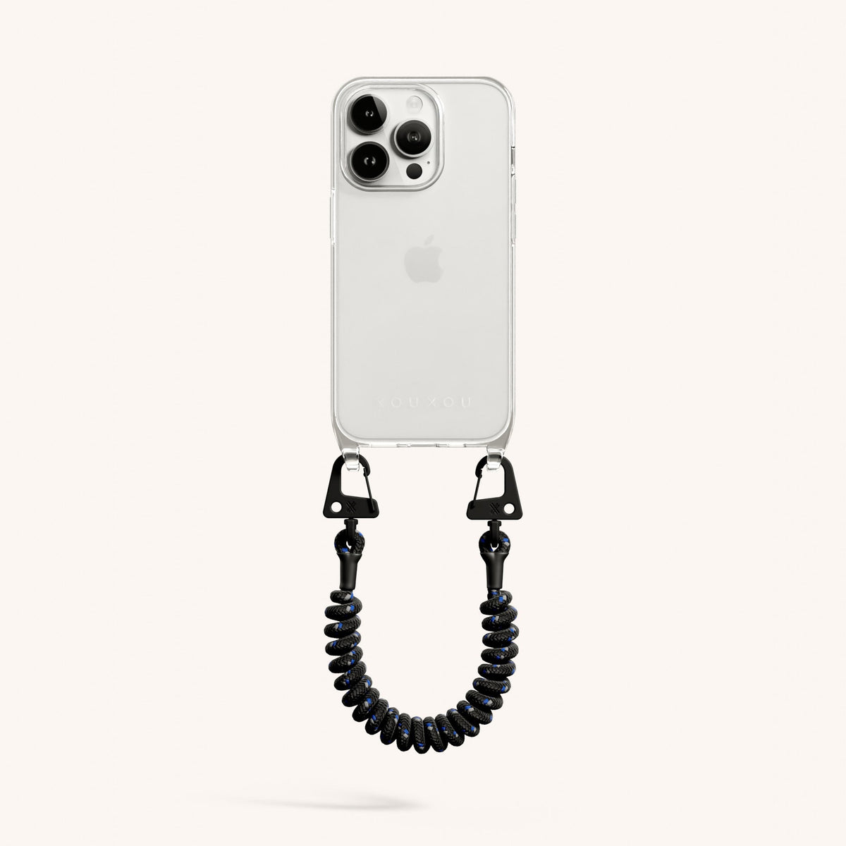 Phone Case with Spiral Rope for iPhone 15 Pro without MagSafe in Clear + Black Total View | XOUXOU #phone model_iphone 15 pro