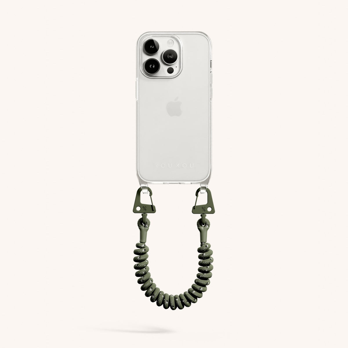 Phone Case with Spiral Rope for iPhone 15 Pro without MagSafe in Clear + Moss Total View | XOUXOU #phone model_iphone 15 pro