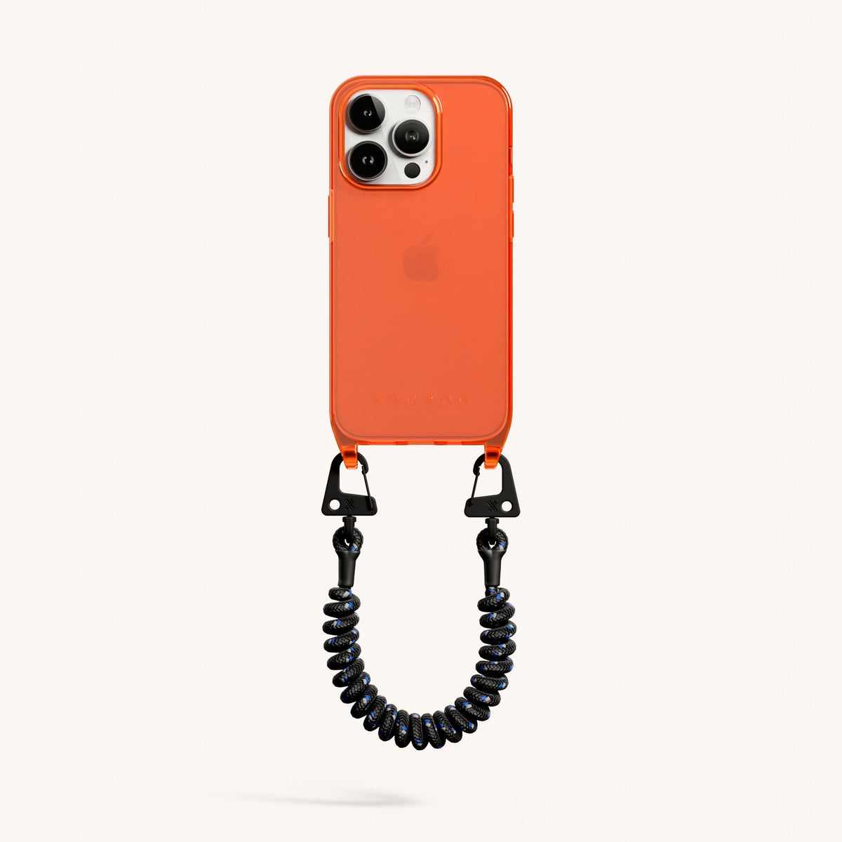 Phone Case with Spiral Rope for iPhone 15 Pro without MagSafe in Neon Orange Clear + Black Total View | XOUXOU #phone model_iphone 15 pro