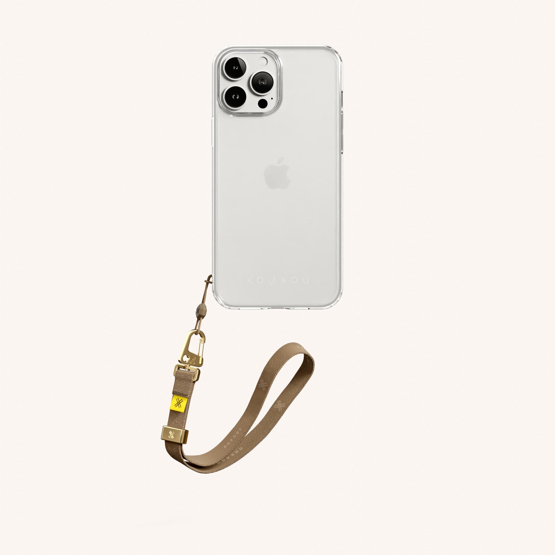 Phone Case with Wrist Strap in Clear + Taupe